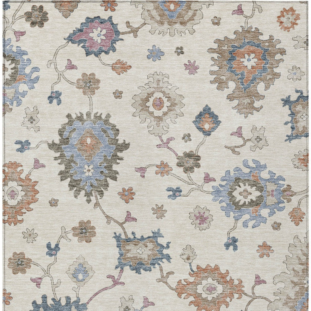 3' X 5' Ivory Brown And Blue Floral Washable Indoor Outdoor Area Rug-6