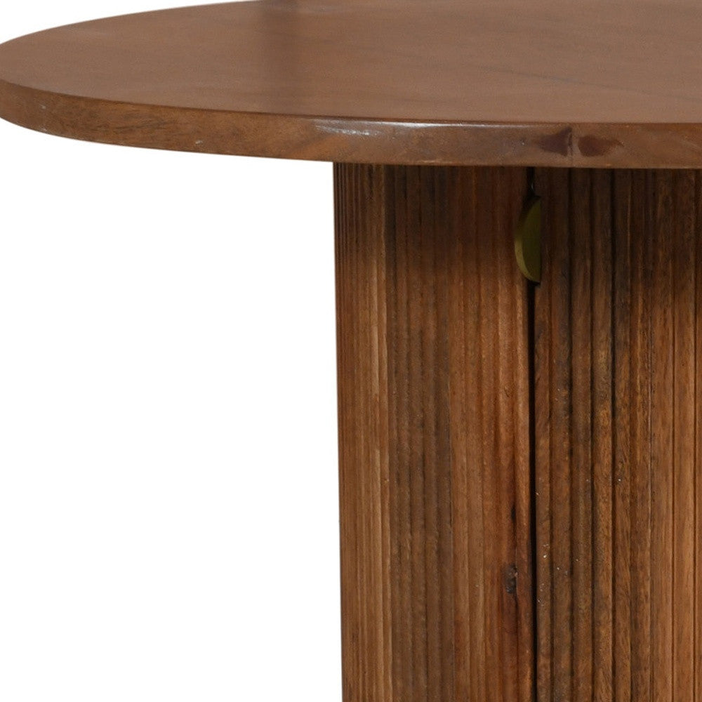 36" Brown Solid Wood Round Pedestal Coffee Table With Two Shelves-5