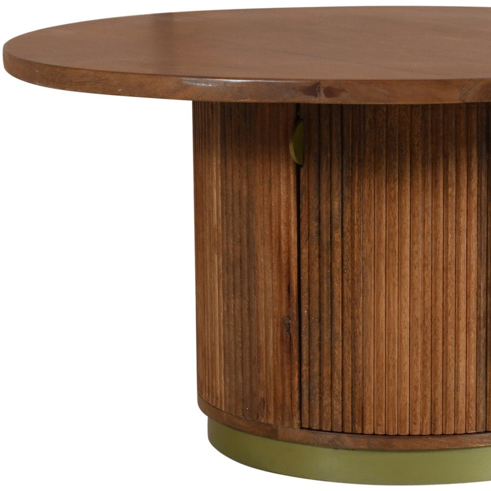 36" Brown Solid Wood Round Pedestal Coffee Table With Two Shelves-6