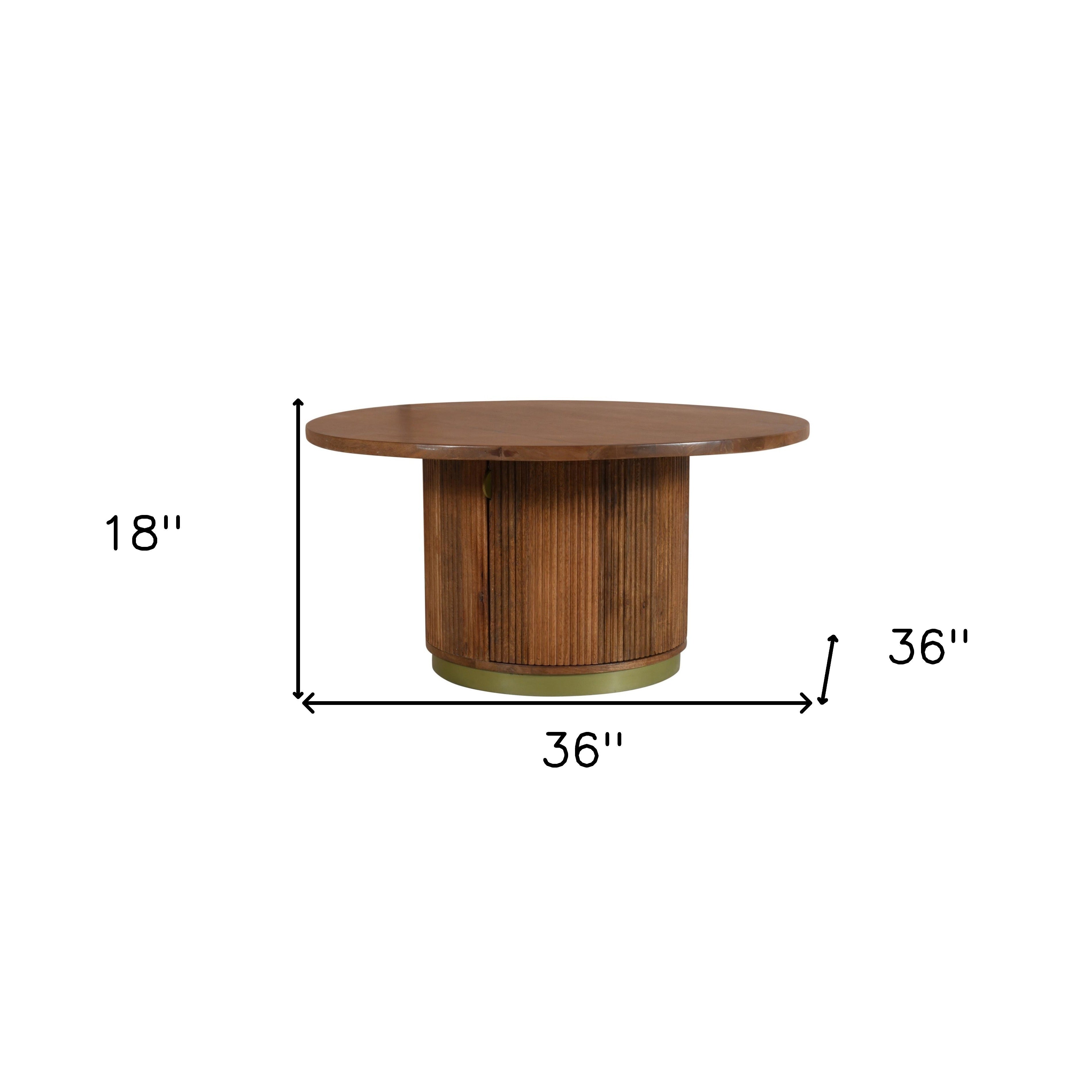 36" Brown Solid Wood Round Pedestal Coffee Table With Two Shelves-8