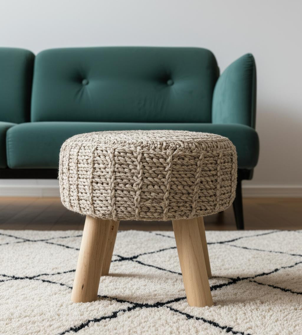 19" Taupe and Brown Wool Round Footstool-0