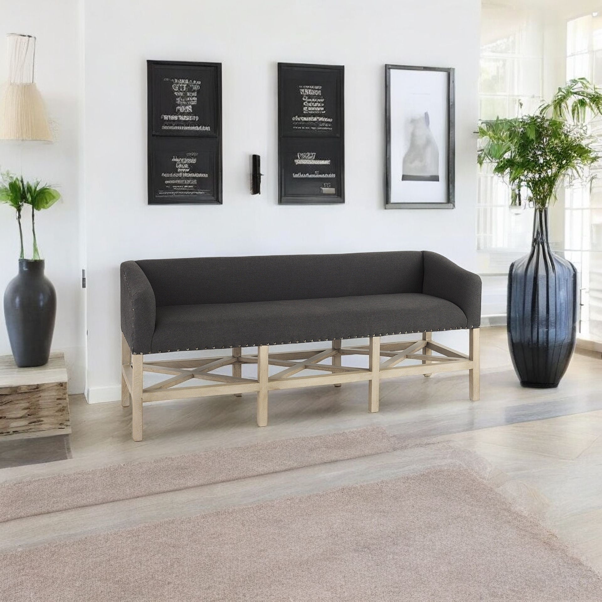 60" Gray and Brown 100% Polyester and Solid Wood Upholstered Bench-1