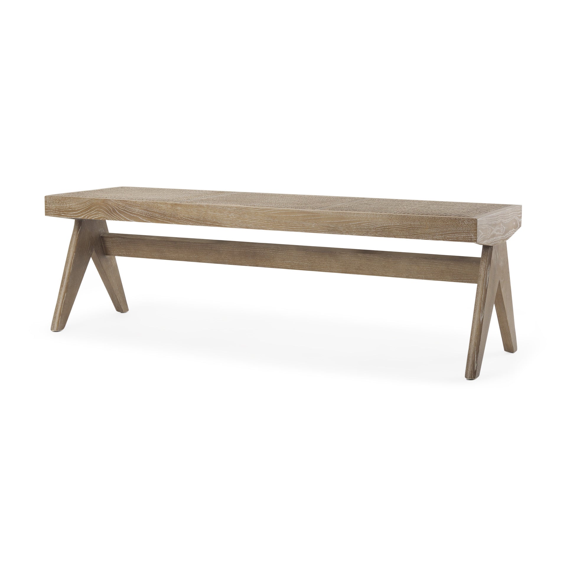 59" Brown Cane And Solid Wood Bench-1