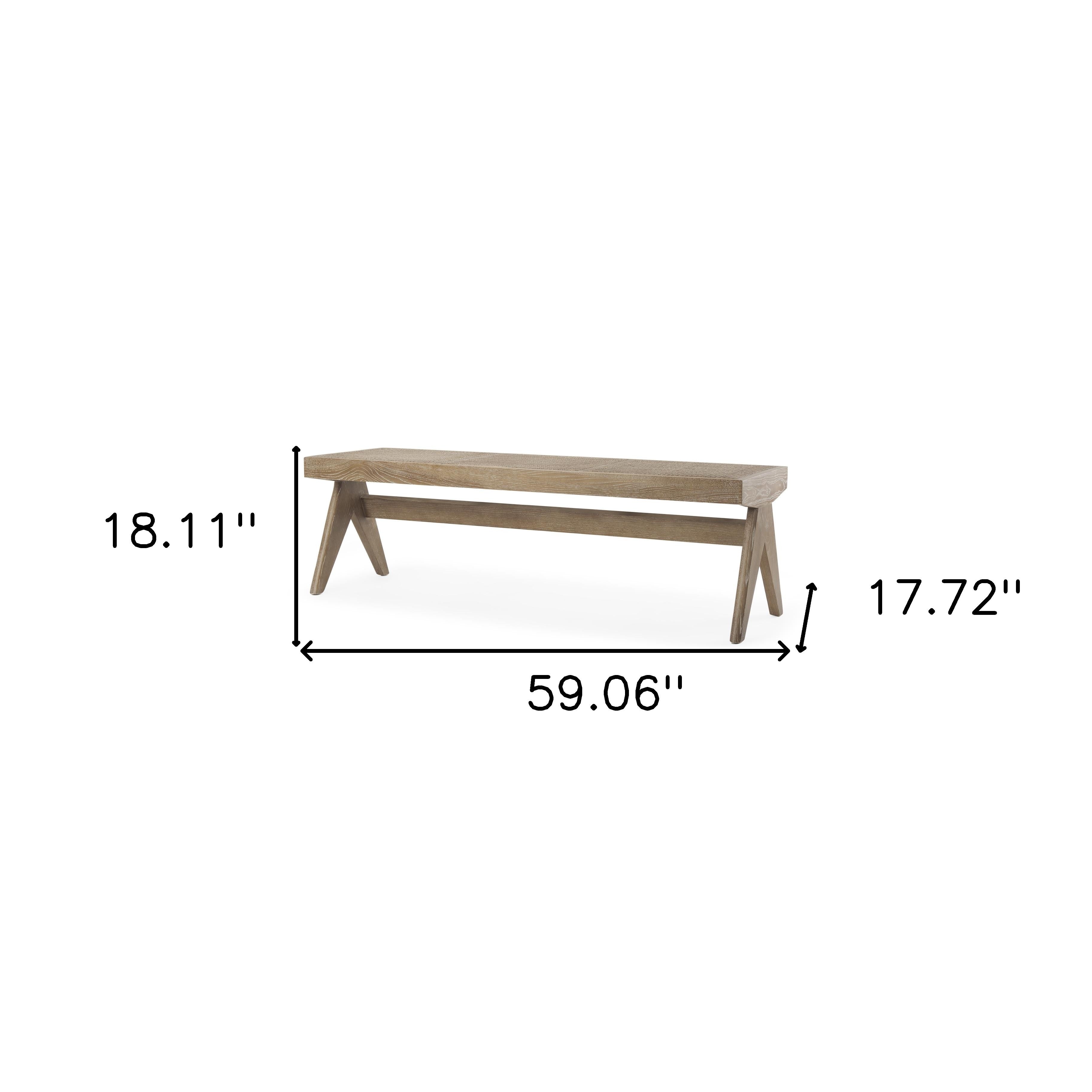 59" Brown Cane And Solid Wood Bench-4