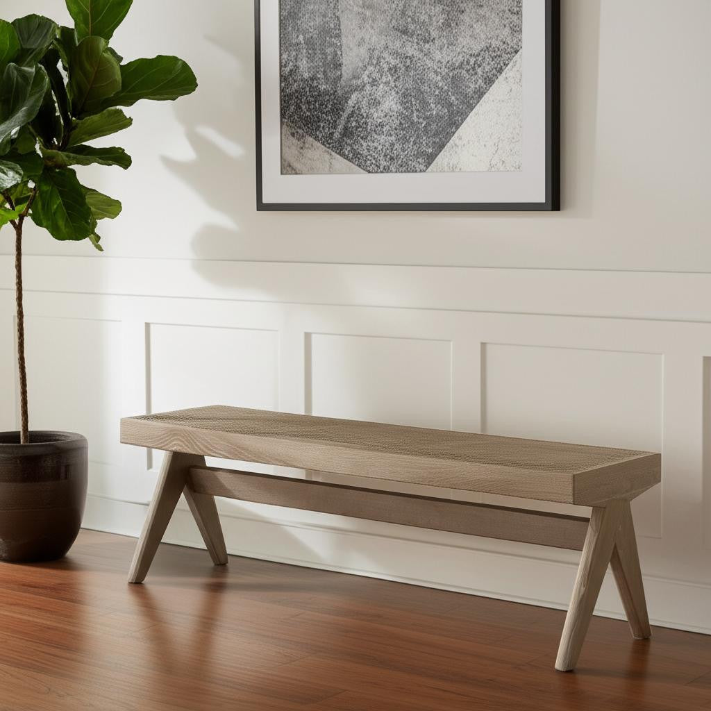 59" Brown Cane And Solid Wood Bench-0