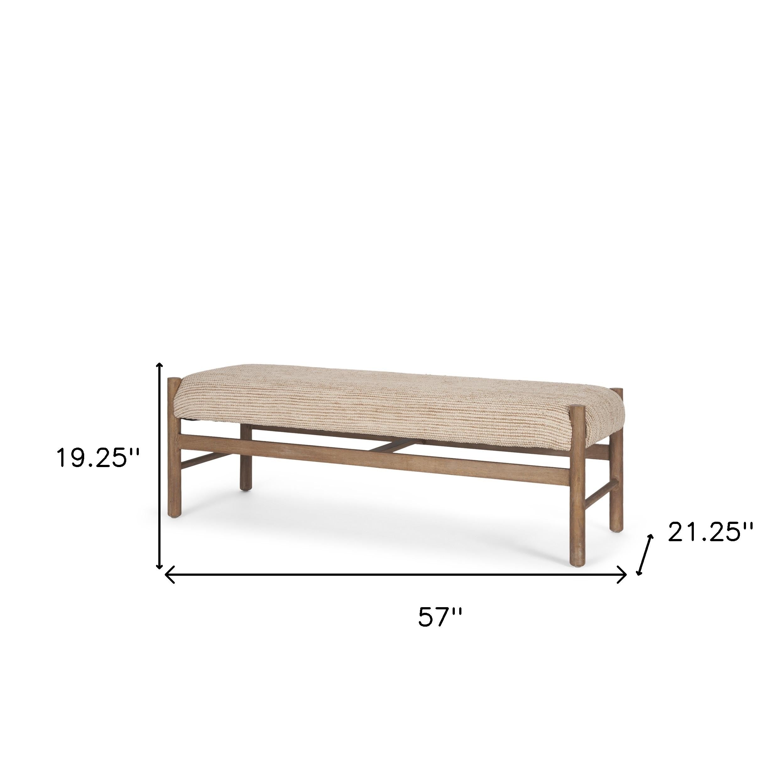 57" Beige and Brown Cotton and Solid Wood Upholstered Bench-4