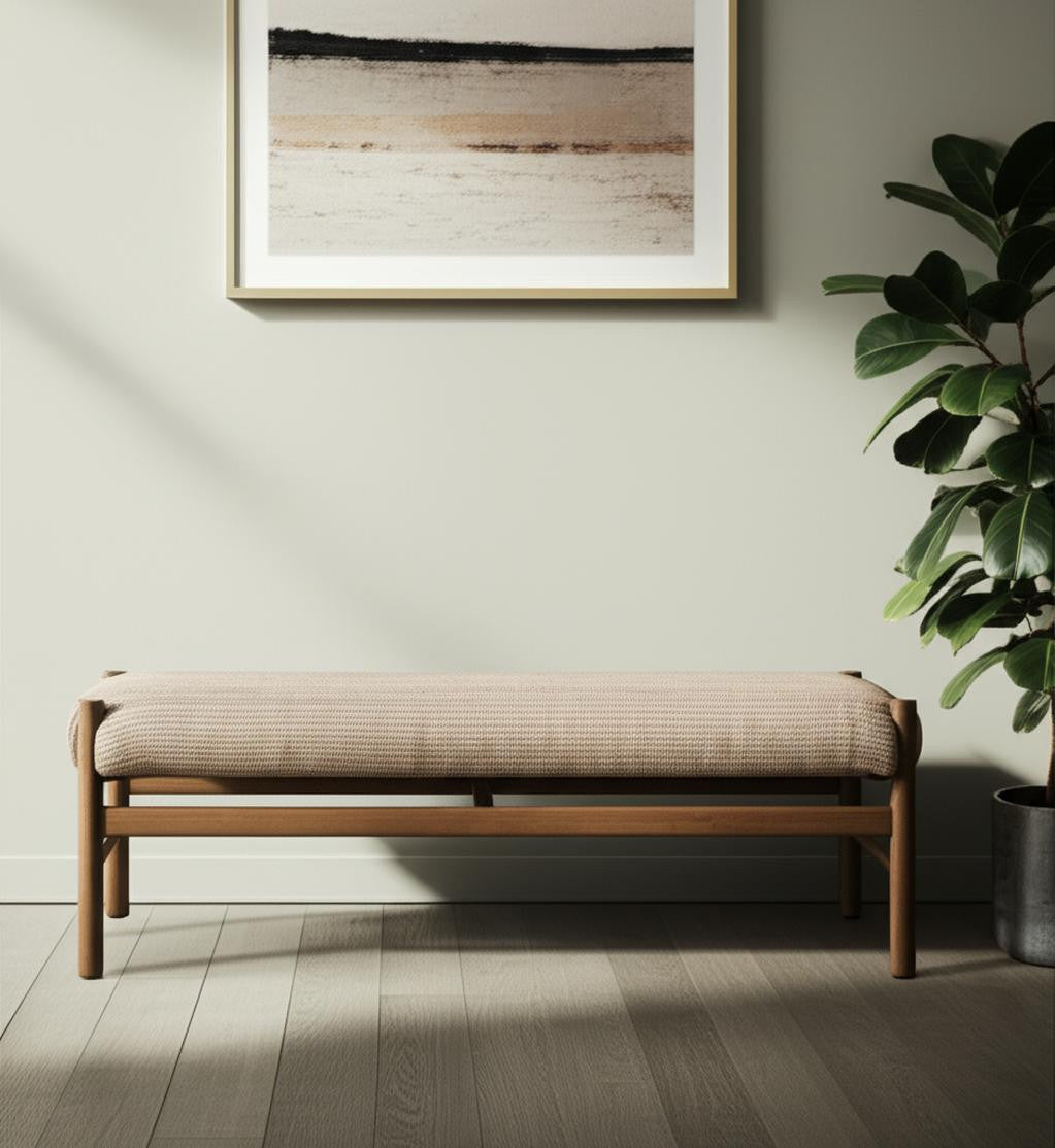 57" Beige and Brown Cotton and Solid Wood Upholstered Bench-0