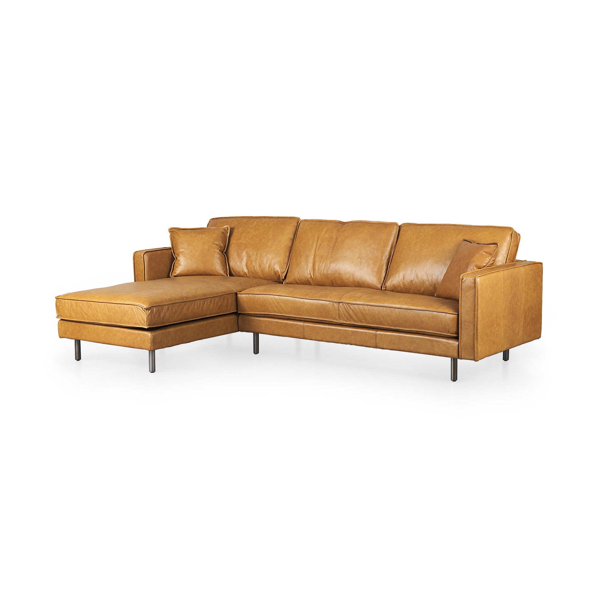Tan Genuine Leather L Shaped Sofa and Chaise Sectional With Toss Pillows-1