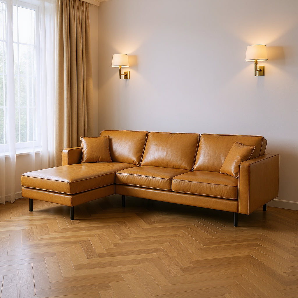 Tan Genuine Leather L Shaped Sofa and Chaise Sectional With Toss Pillows-0