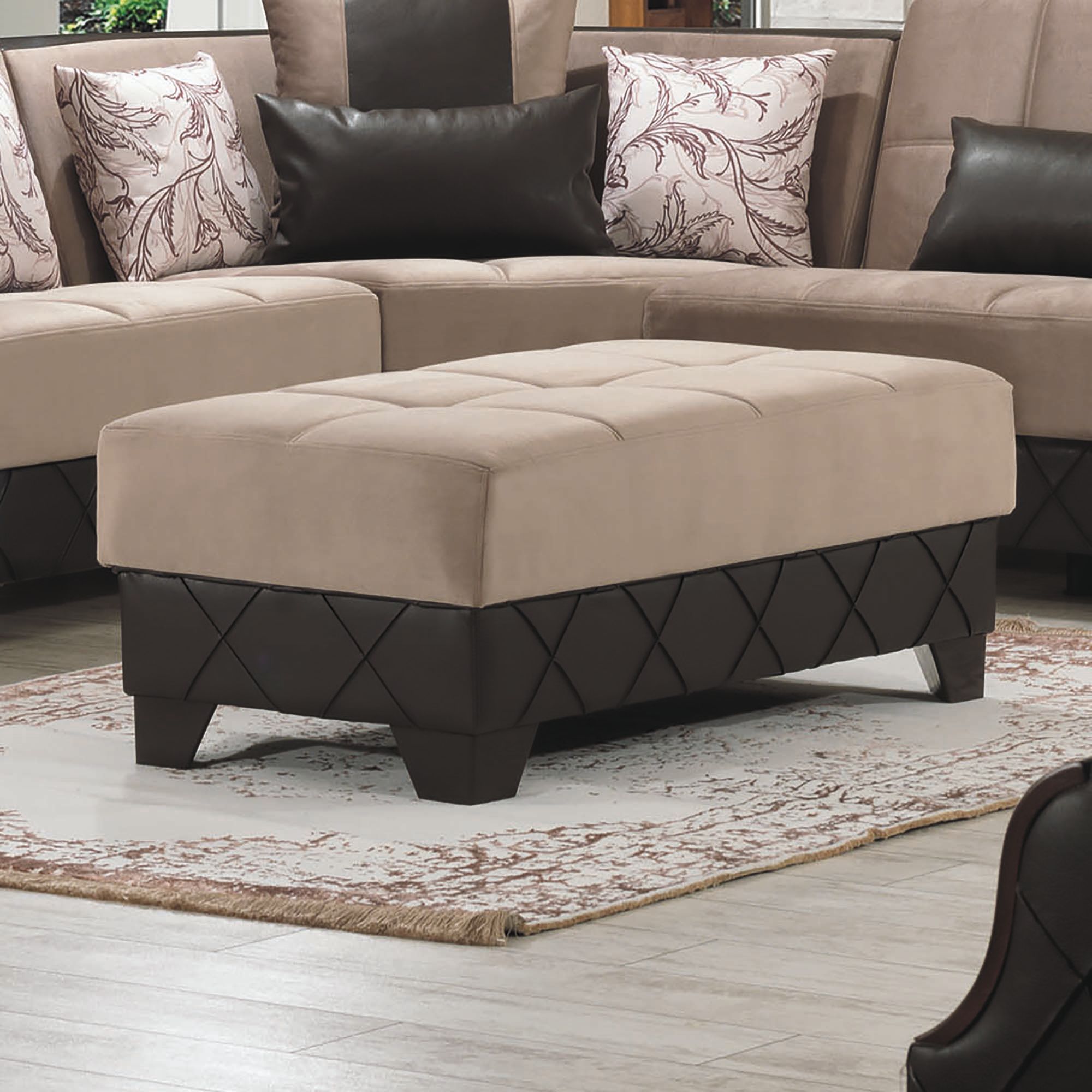 48" Taupe and Espresso Faux Leather And Microfiber Tufted Storage Ottoman-4