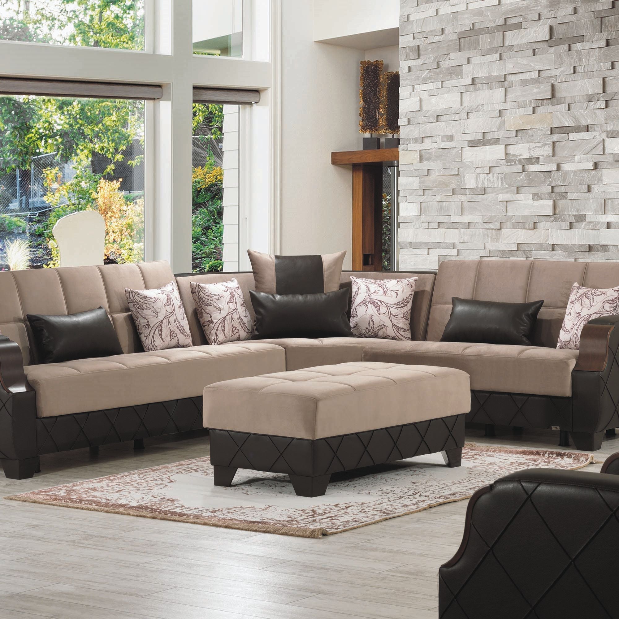 48" Taupe and Espresso Faux Leather And Microfiber Tufted Storage Ottoman-5