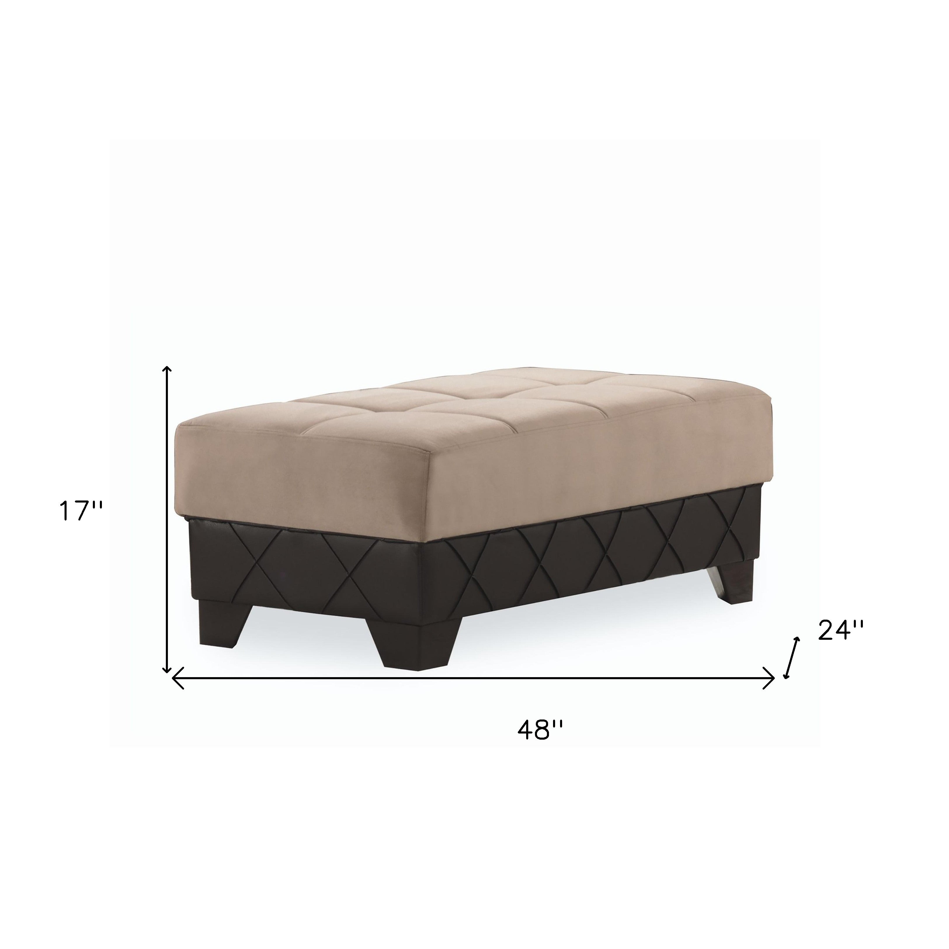 48" Taupe and Espresso Faux Leather And Microfiber Tufted Storage Ottoman-6