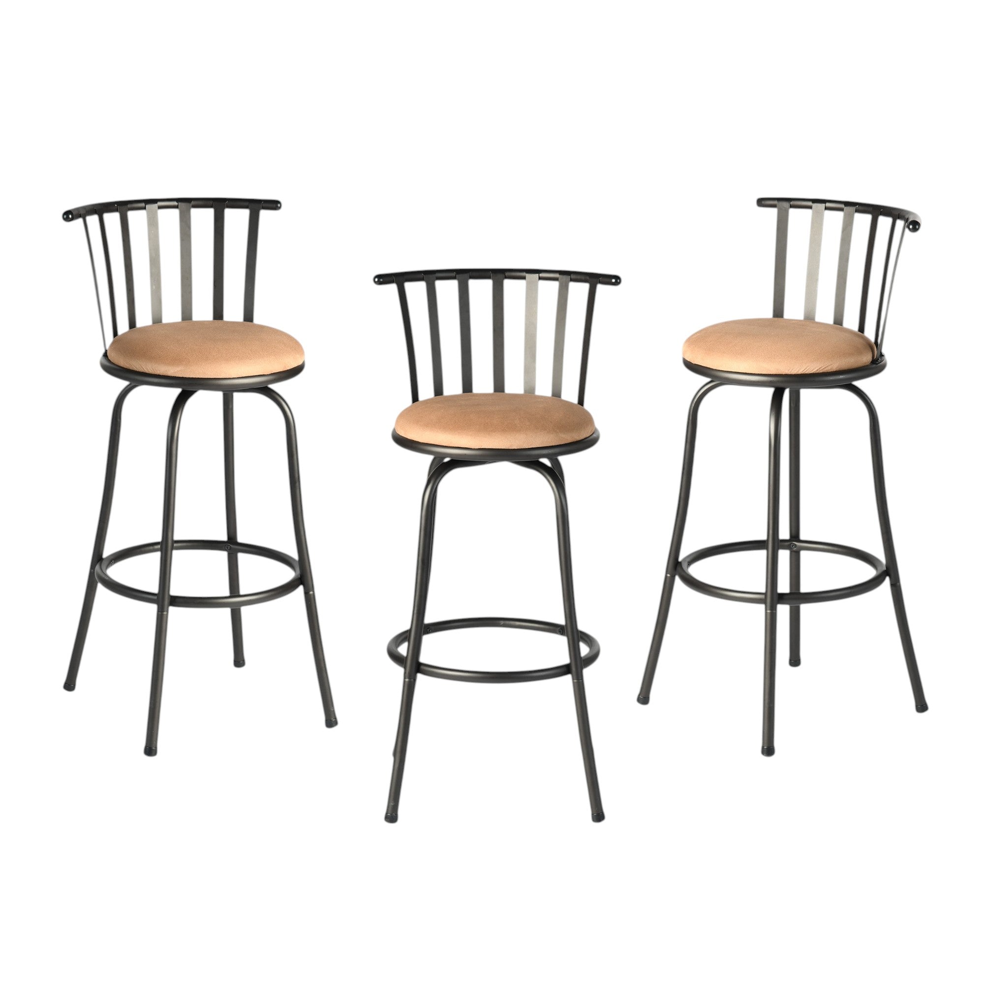 Set of Three Brown and Black Faux Leather and Iron Low Back Adjustable Height Swivel Bar Chairs-4