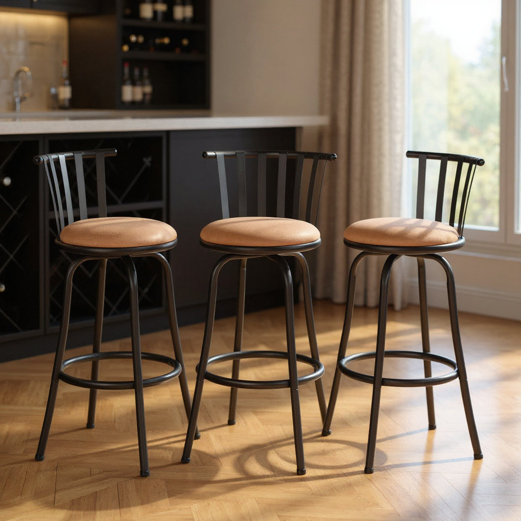 Set of Three Brown and Black Faux Leather and Iron Low Back Adjustable Height Swivel Bar Chairs-0