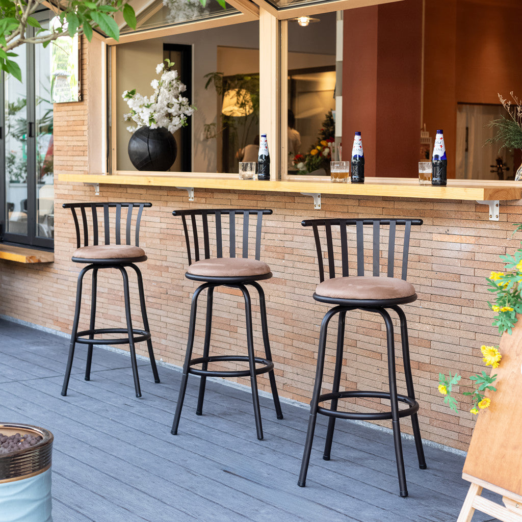 Set of Three Brown and Black Faux Leather and Iron Low Back Adjustable Height Swivel Bar Chairs-8