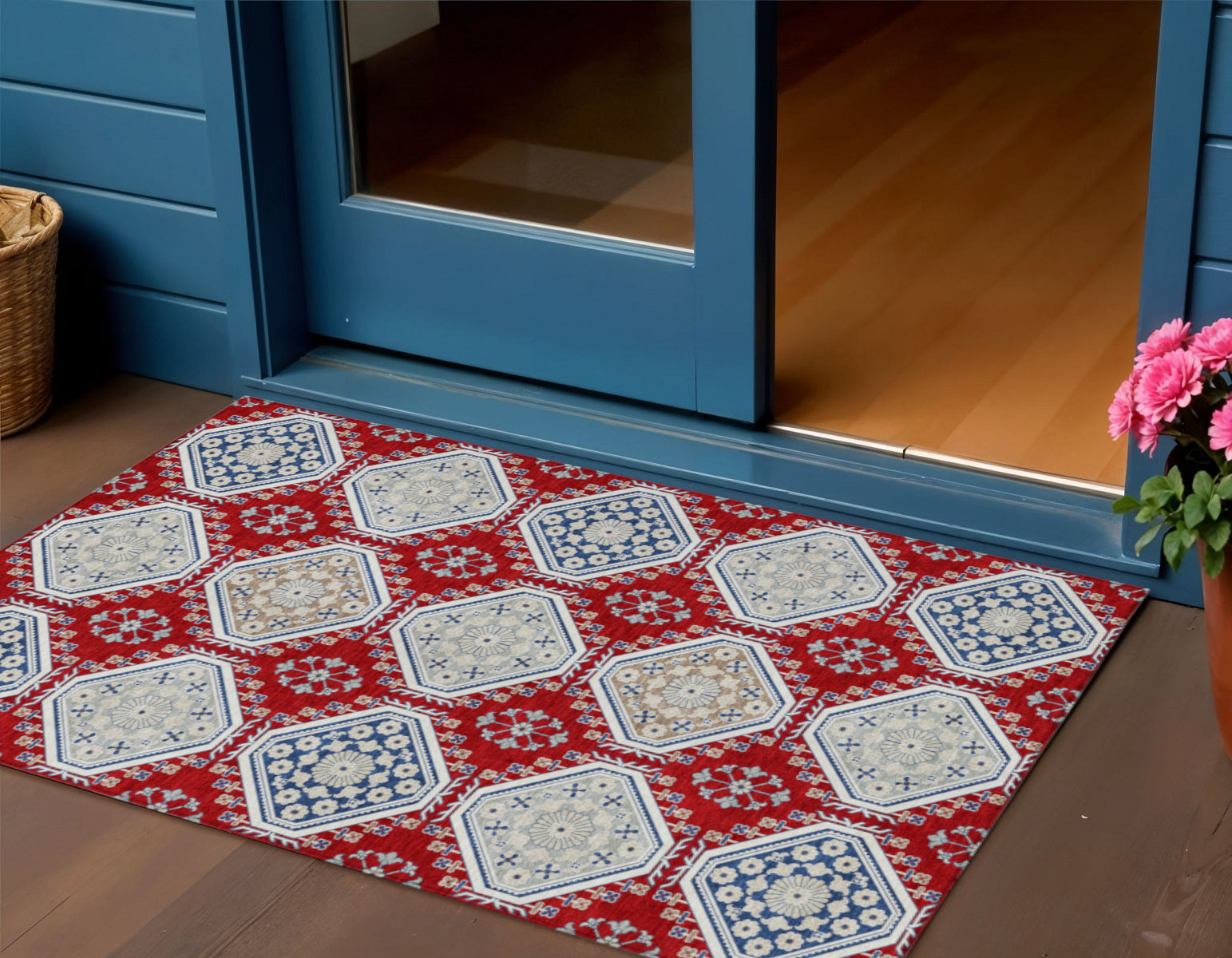 3' X 5' Red And Navy Blue Floral Washable Indoor Outdoor Area Rug-0