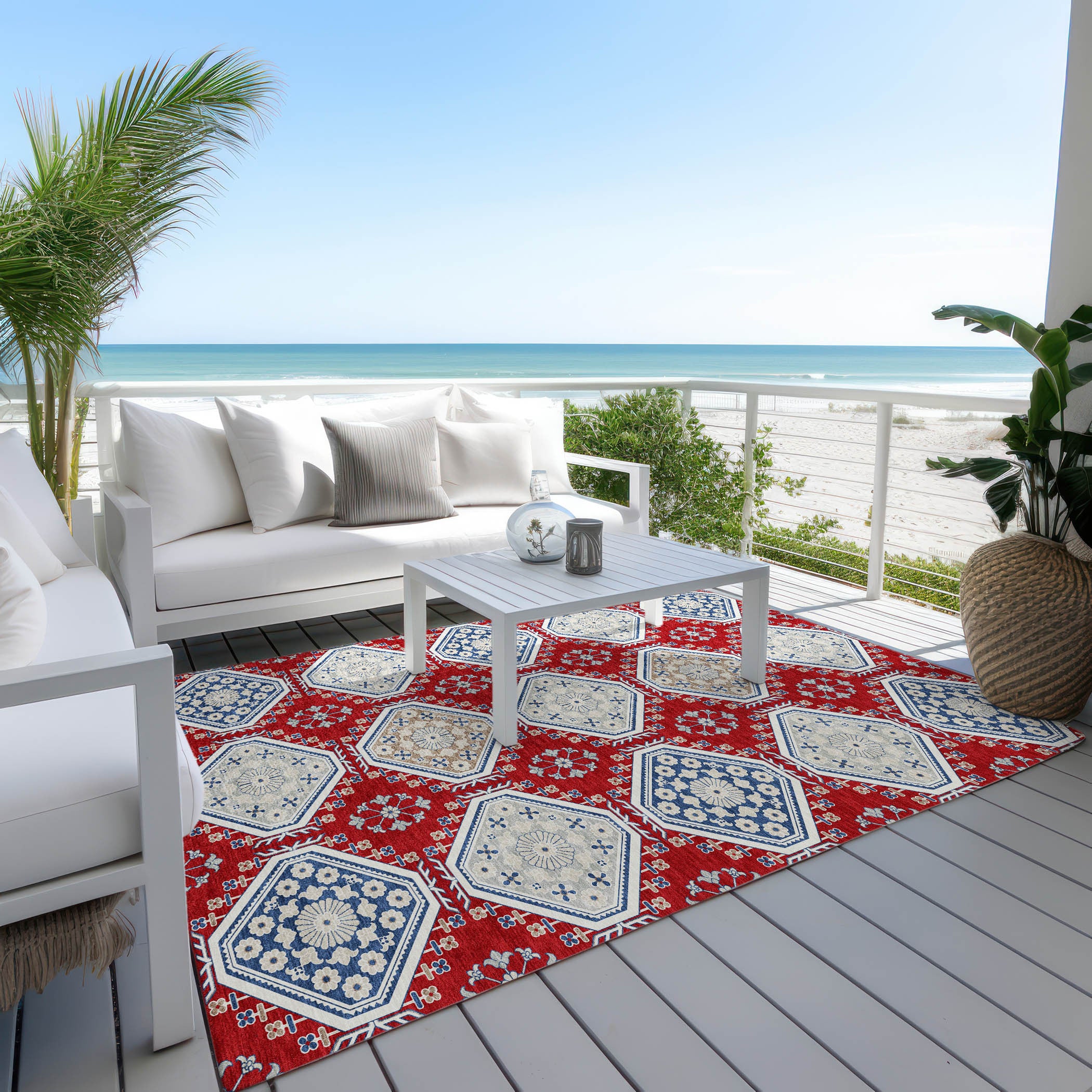 3' X 5' Red And Navy Blue Floral Washable Indoor Outdoor Area Rug-7