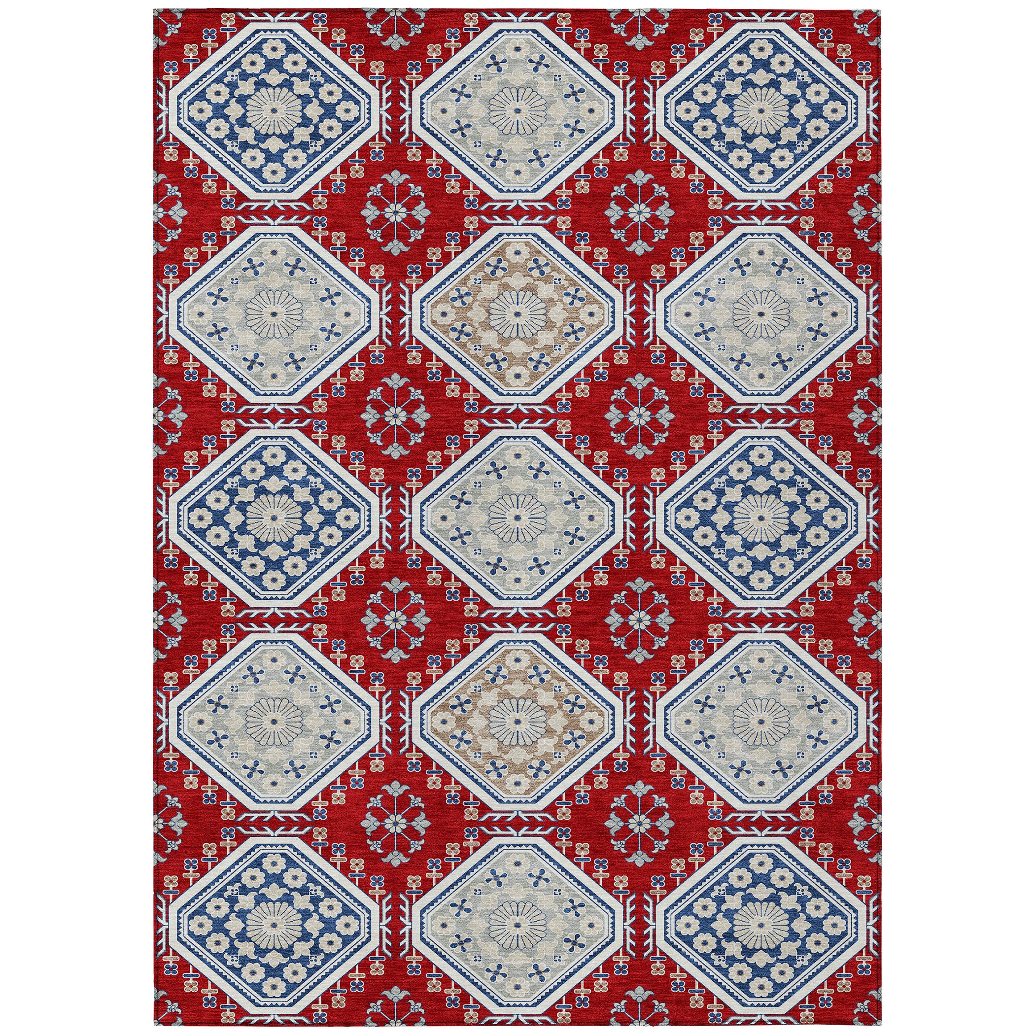 3' X 5' Red And Navy Blue Floral Washable Indoor Outdoor Area Rug-1