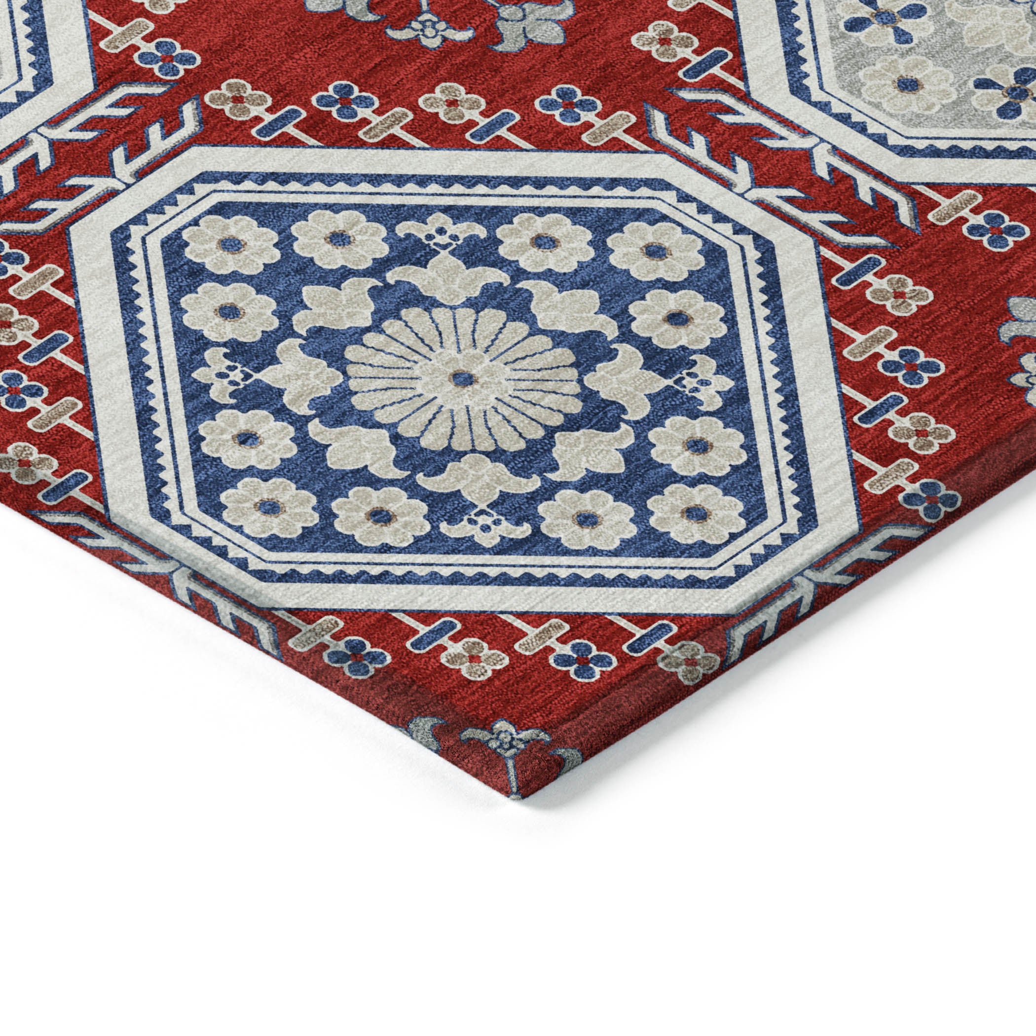 3' X 5' Red And Navy Blue Floral Washable Indoor Outdoor Area Rug-3