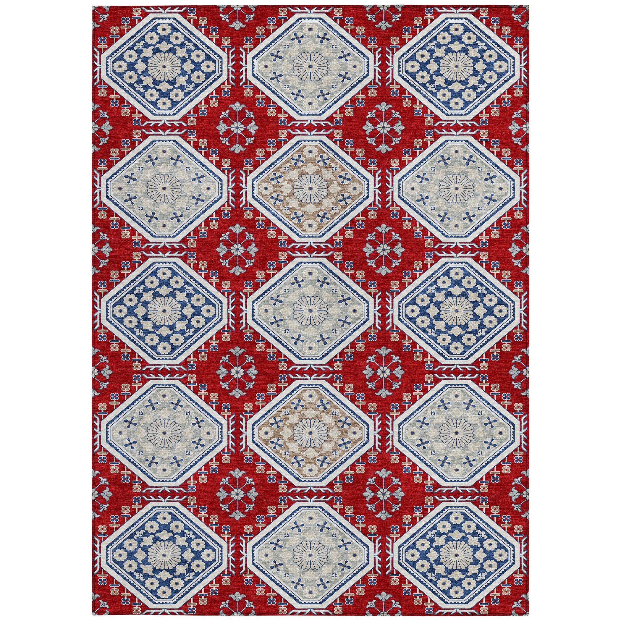 3' X 5' Red And Navy Blue Floral Washable Indoor Outdoor Area Rug-6
