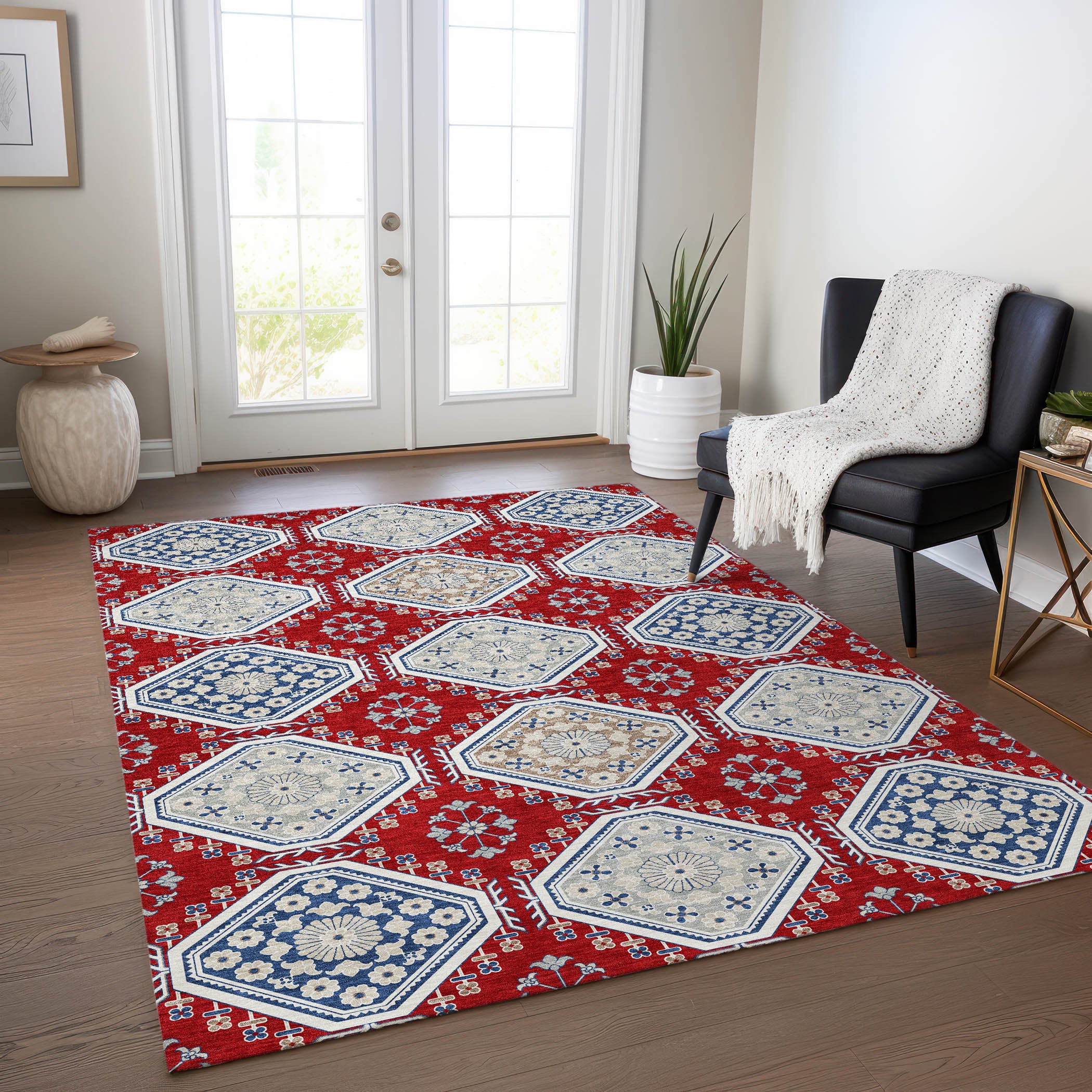 3' X 5' Red And Navy Blue Floral Washable Indoor Outdoor Area Rug-8