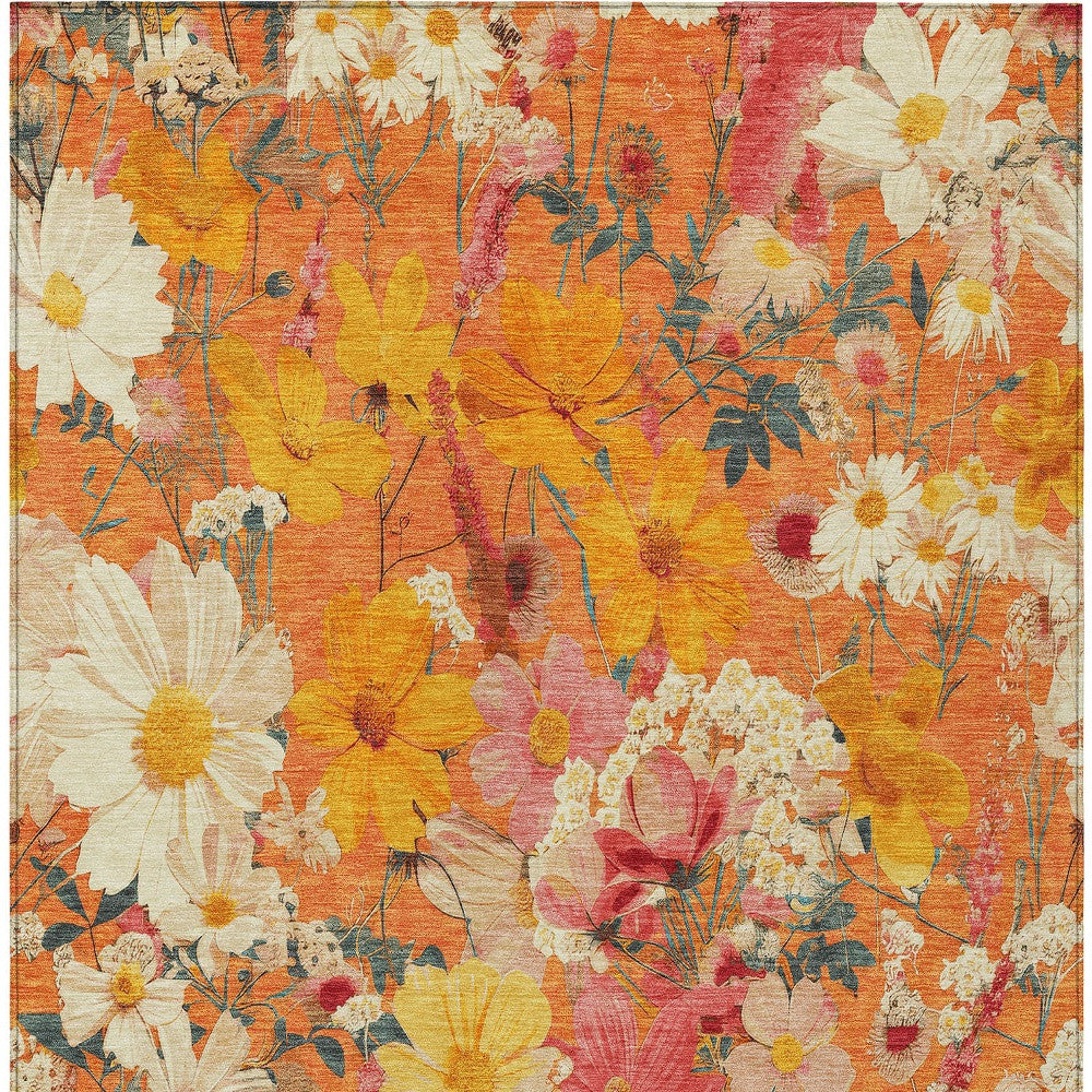 5' X 8' Orange Peach And Salmon Floral Washable Indoor Outdoor Area Rug-6