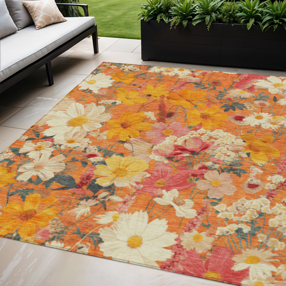 5' X 8' Orange Peach And Salmon Floral Washable Indoor Outdoor Area Rug-0