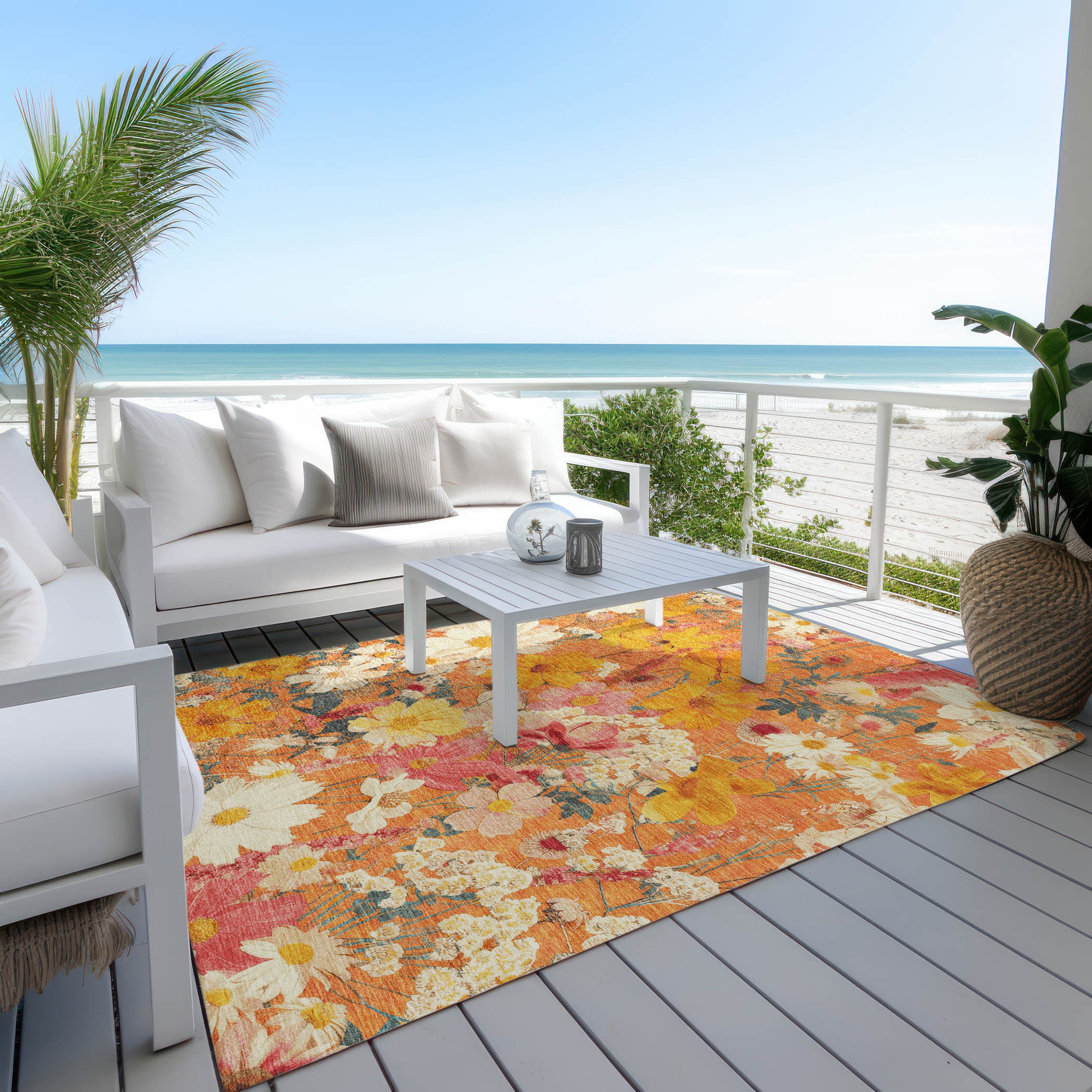 5' X 8' Orange Peach And Salmon Floral Washable Indoor Outdoor Area Rug-7
