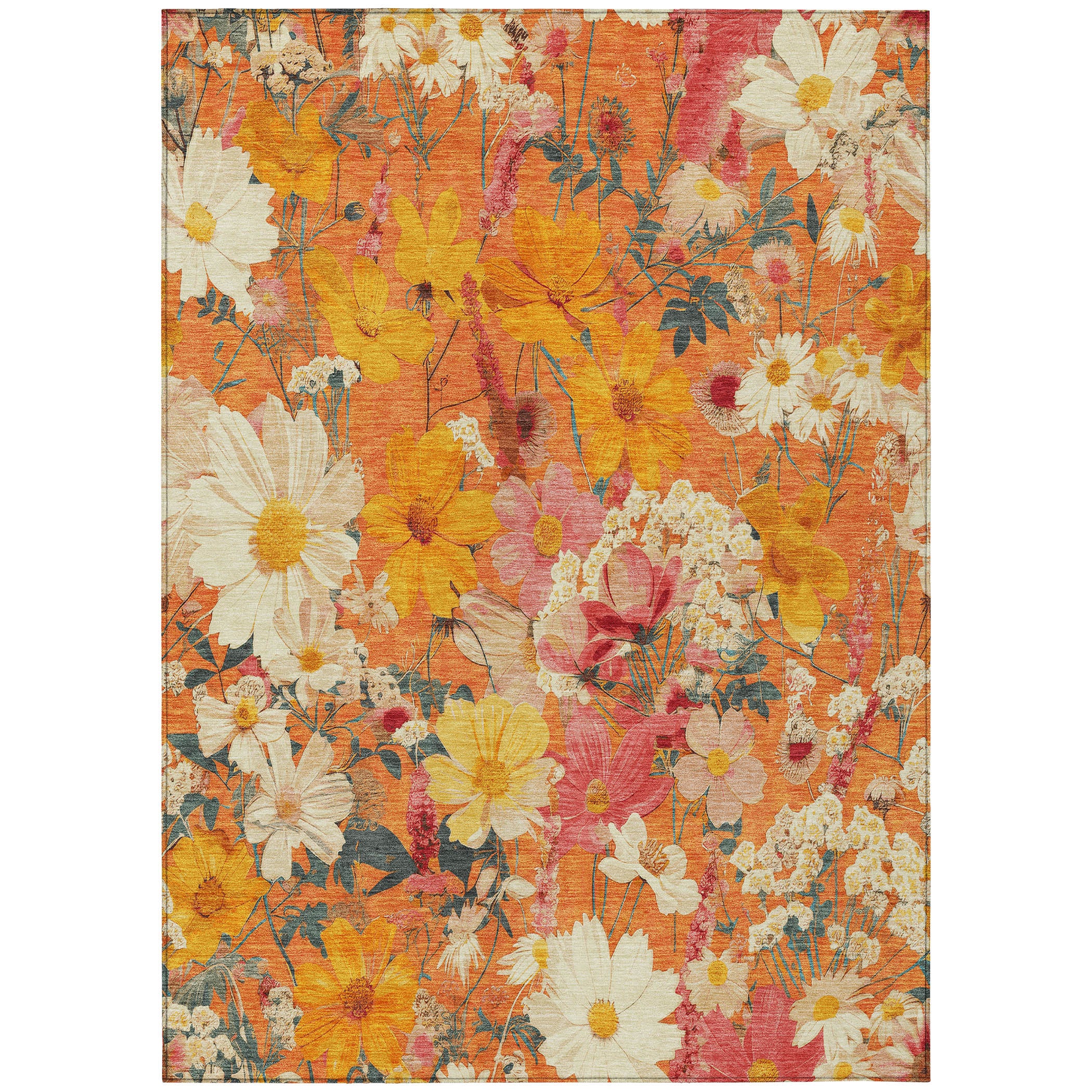 5' X 8' Orange Peach And Salmon Floral Washable Indoor Outdoor Area Rug-1