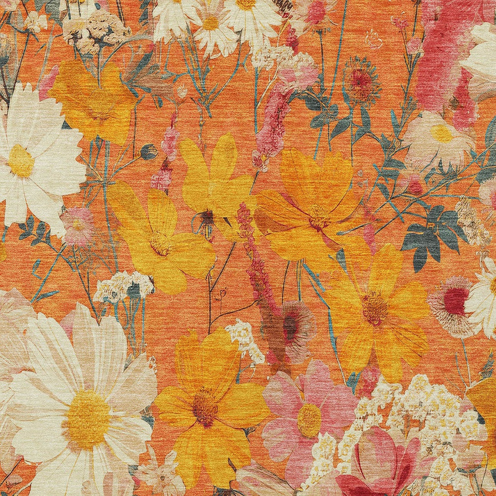 5' X 8' Orange Peach And Salmon Floral Washable Indoor Outdoor Area Rug-5