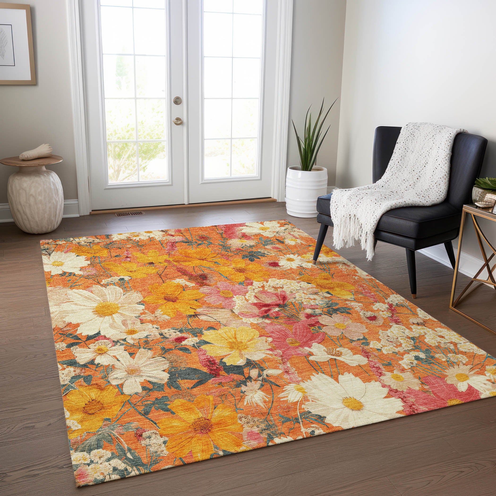 5' X 8' Orange Peach And Salmon Floral Washable Indoor Outdoor Area Rug-8