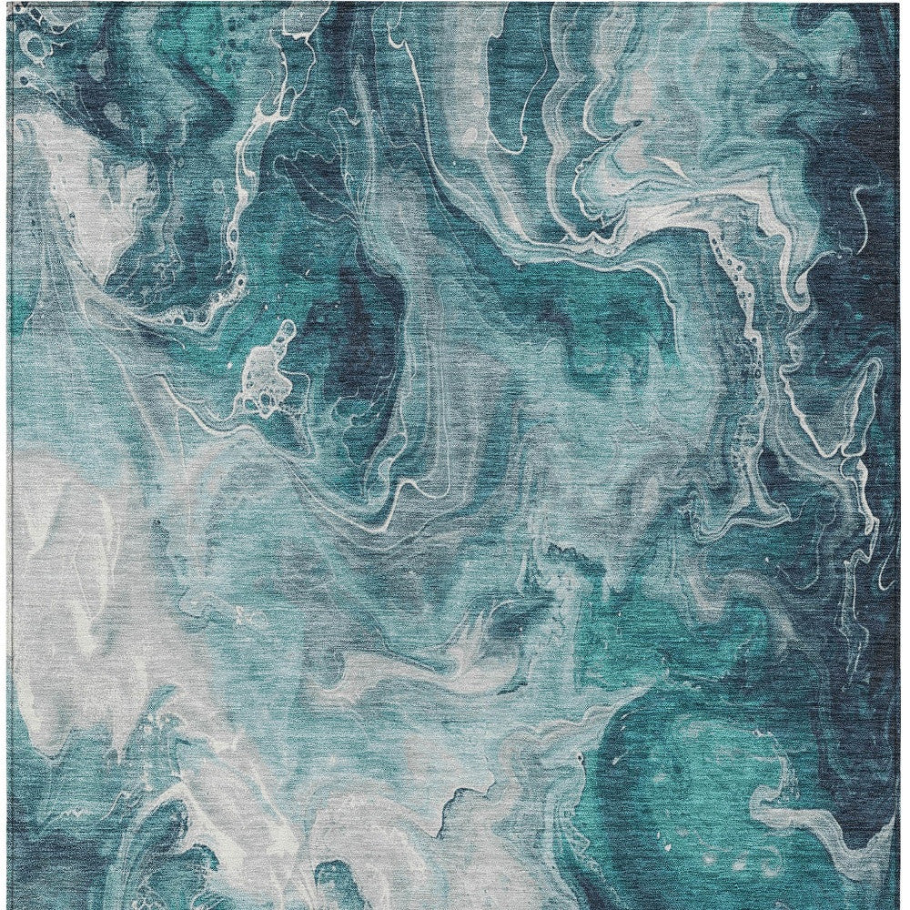 3' X 5' Teal Blue And Ivory Abstract Washable Indoor Outdoor Area Rug-6