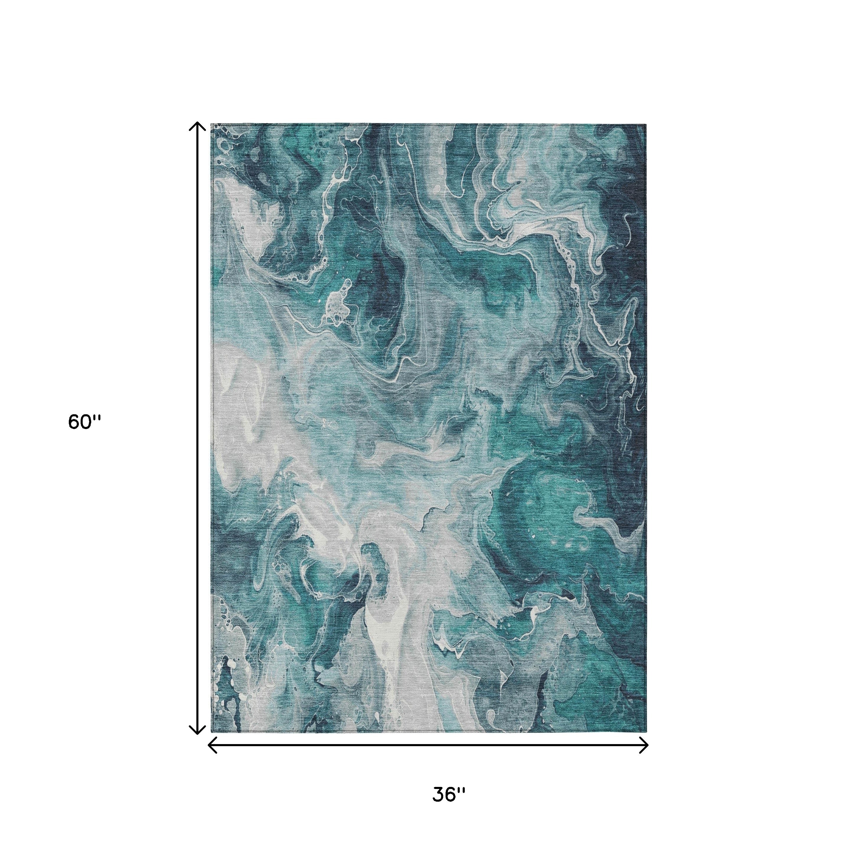 3' X 5' Teal Blue And Ivory Abstract Washable Indoor Outdoor Area Rug-2
