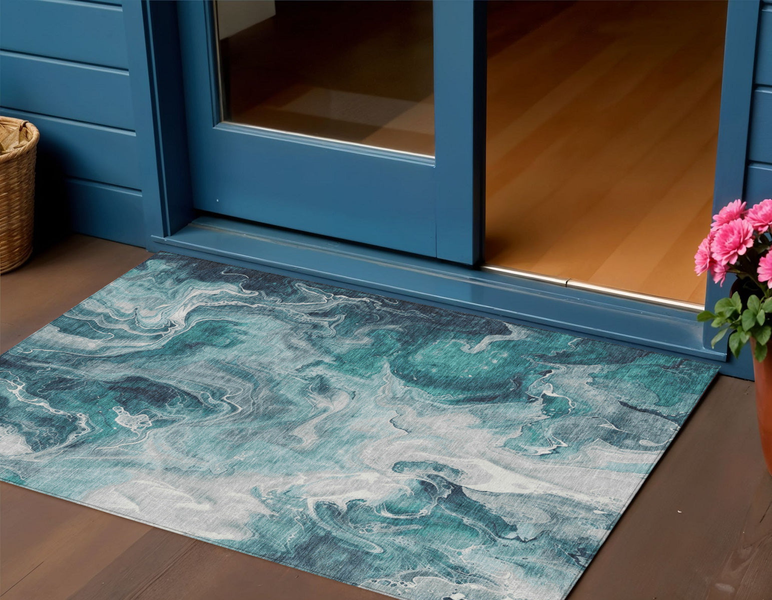 3' X 5' Teal Blue And Ivory Abstract Washable Indoor Outdoor Area Rug-0