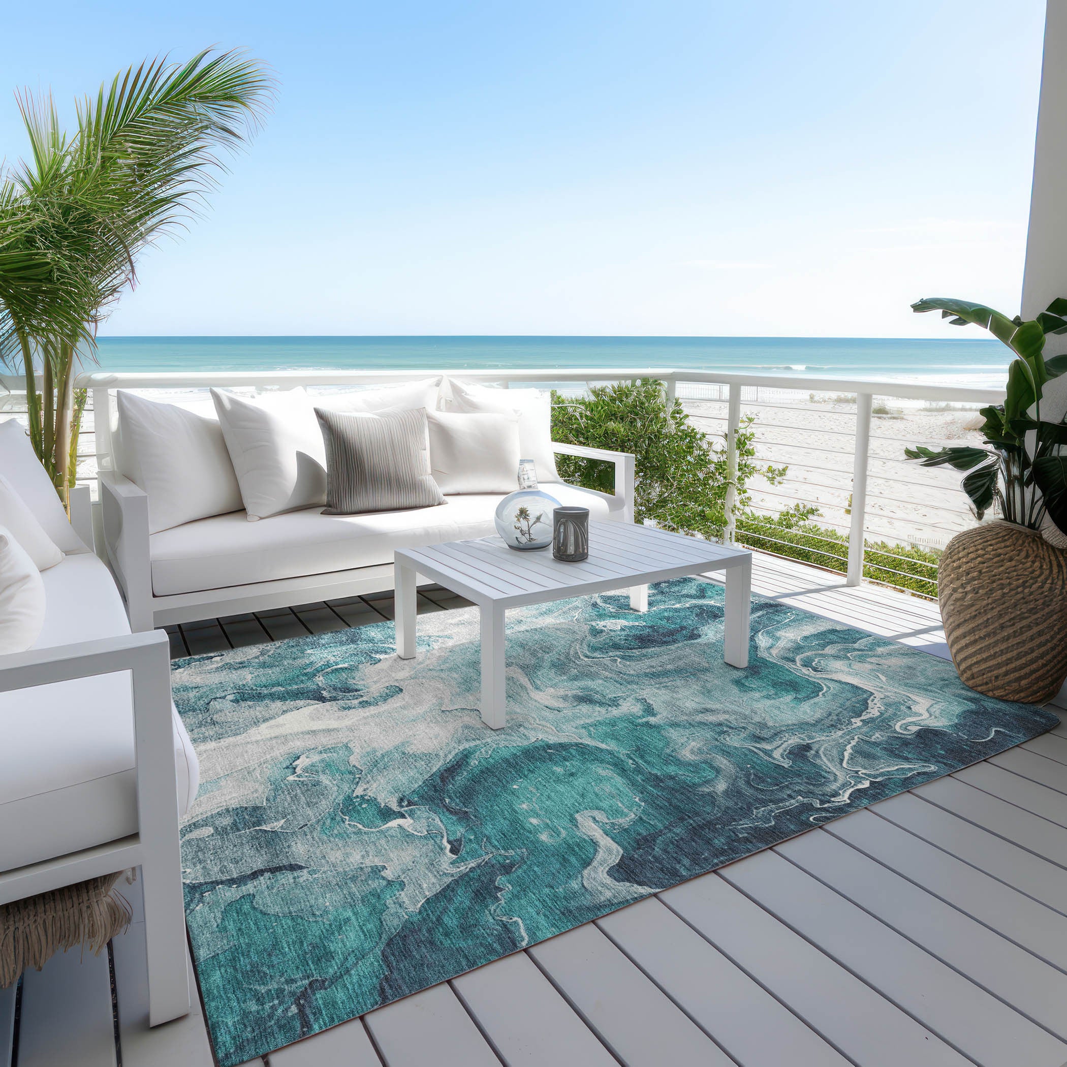 3' X 5' Teal Blue And Ivory Abstract Washable Indoor Outdoor Area Rug-7