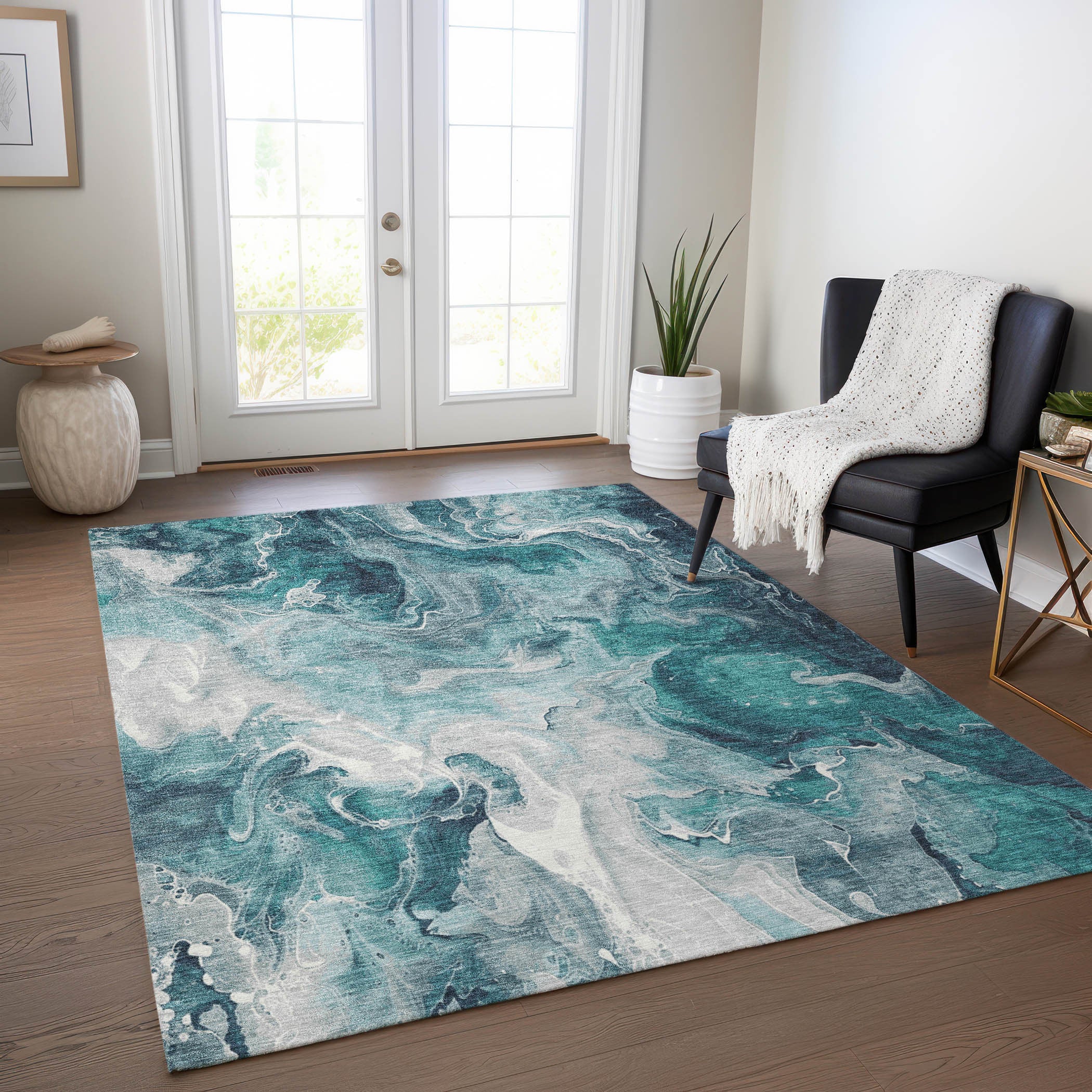 3' X 5' Teal Blue And Ivory Abstract Washable Indoor Outdoor Area Rug-8