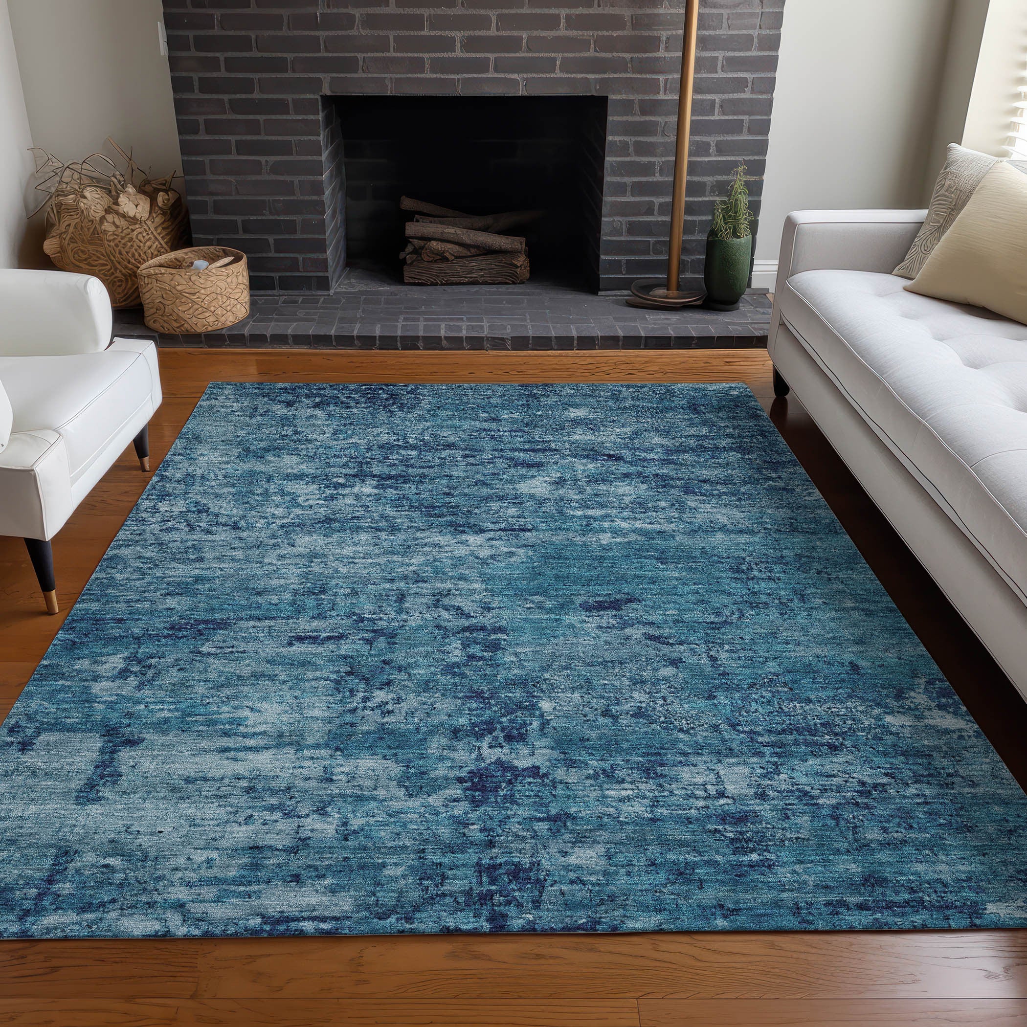 5' X 8' Denim Blue And Navy Blue Abstract Washable Indoor Outdoor Area Rug-7