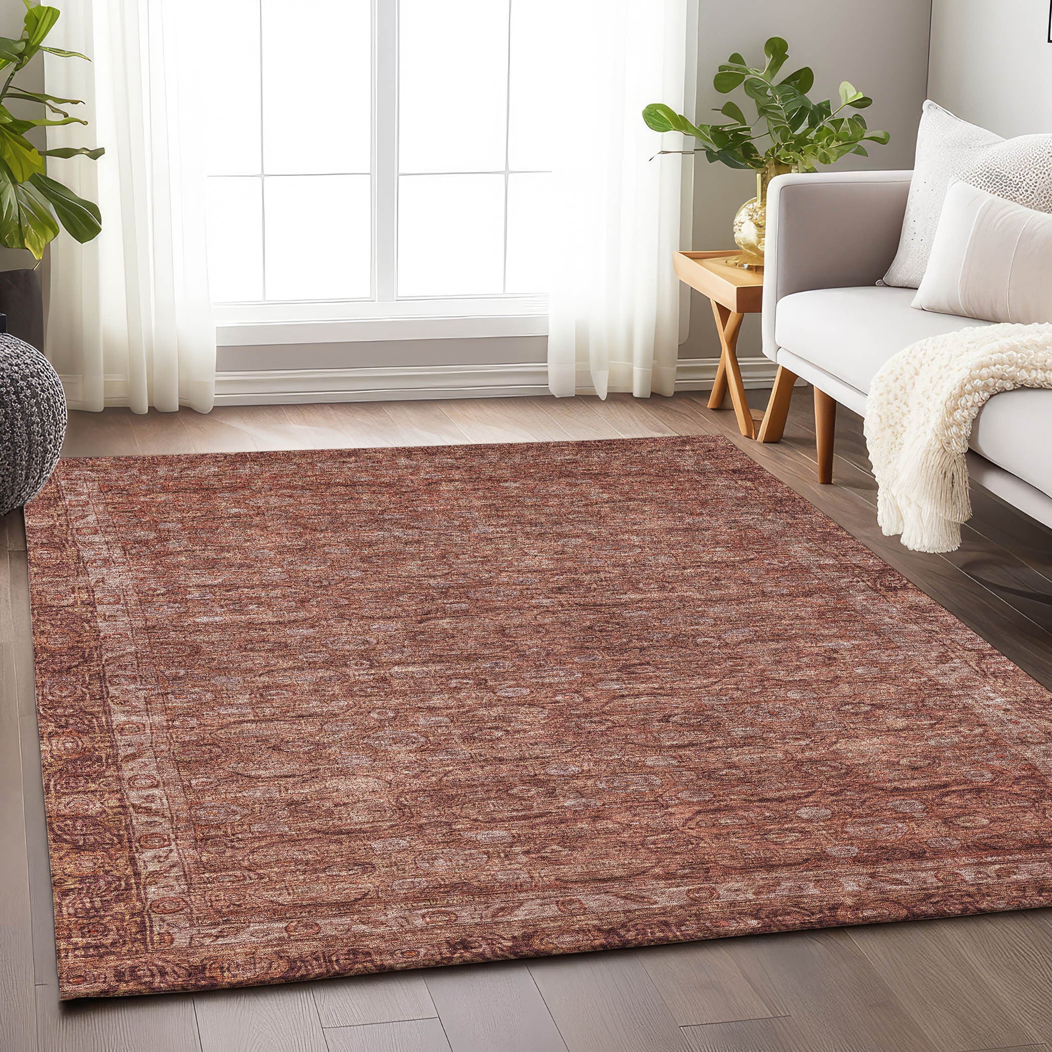 3' X 5' Terra Cotta And Rust Floral Washable Indoor Outdoor Area Rug-6