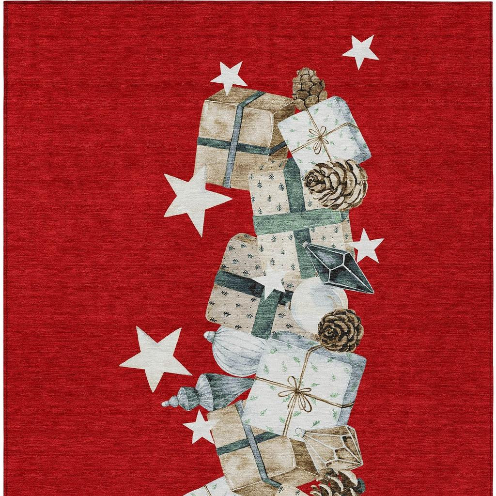 5' X 8' Red Beige Ivory And Taupe Geometric Washable Indoor Outdoor Area Rug-3