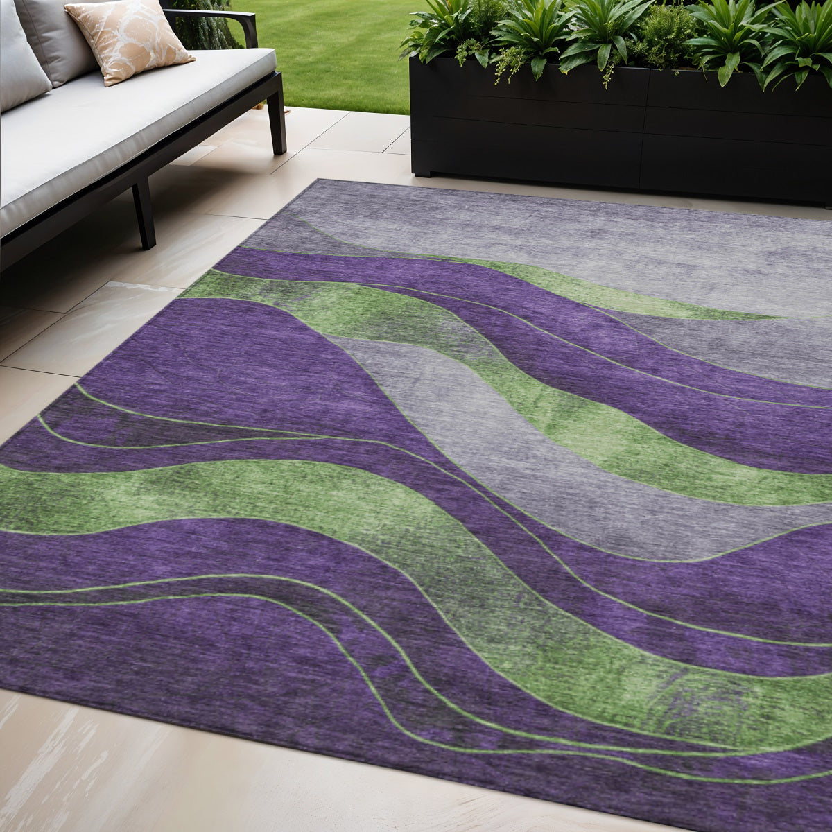 5' X 8' Purple And Green Abstract Washable Indoor Outdoor Area Rug-1