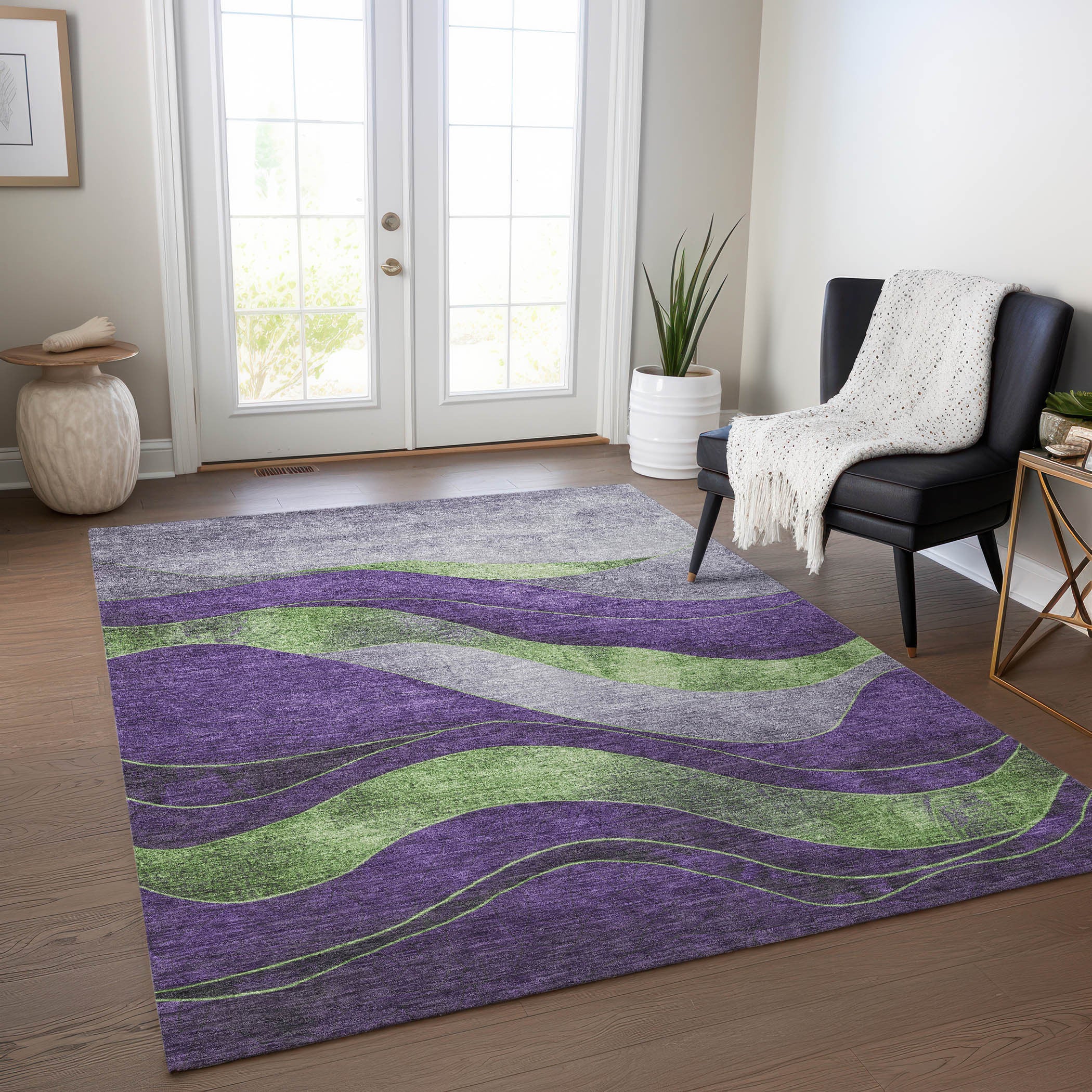 5' X 8' Purple And Green Abstract Washable Indoor Outdoor Area Rug-4