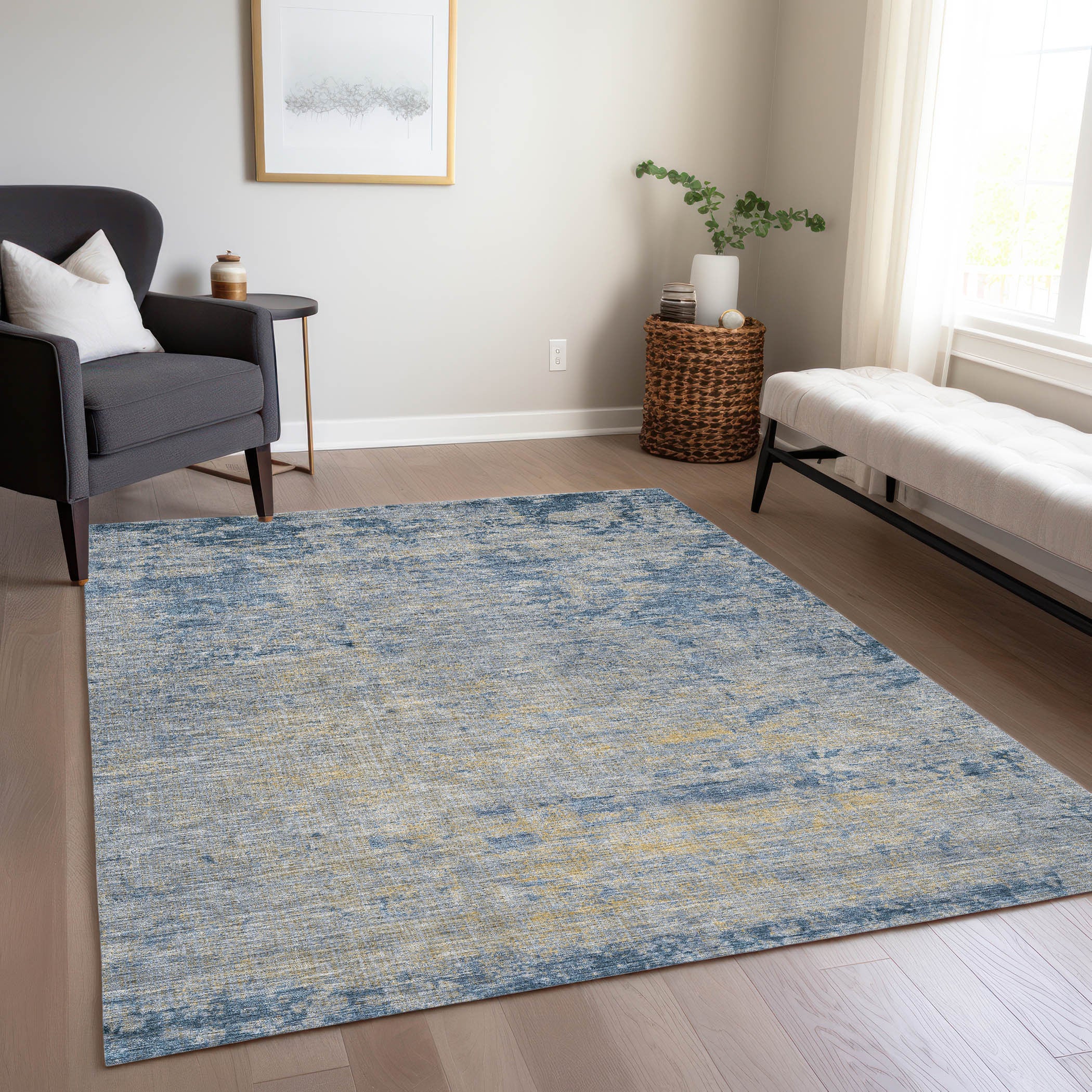 3' X 5' Navy Blue And Beige Abstract Washable Indoor Outdoor Area Rug-5