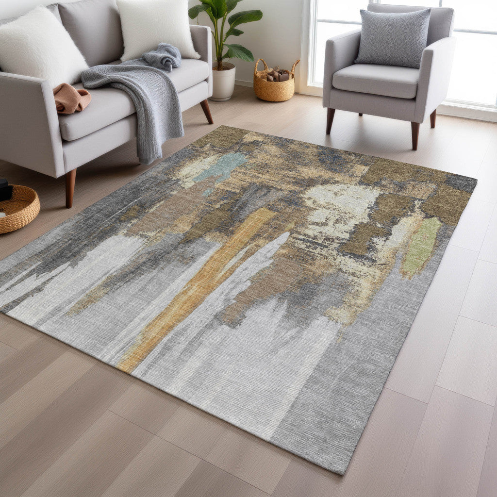 5' X 8' Taupe And Beige Abstract Washable Indoor Outdoor Area Rug-3