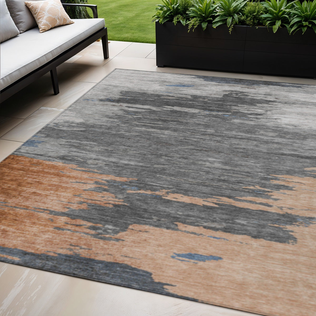 5' X 8' Rust And Gray Abstract Washable Indoor Outdoor Area Rug-1