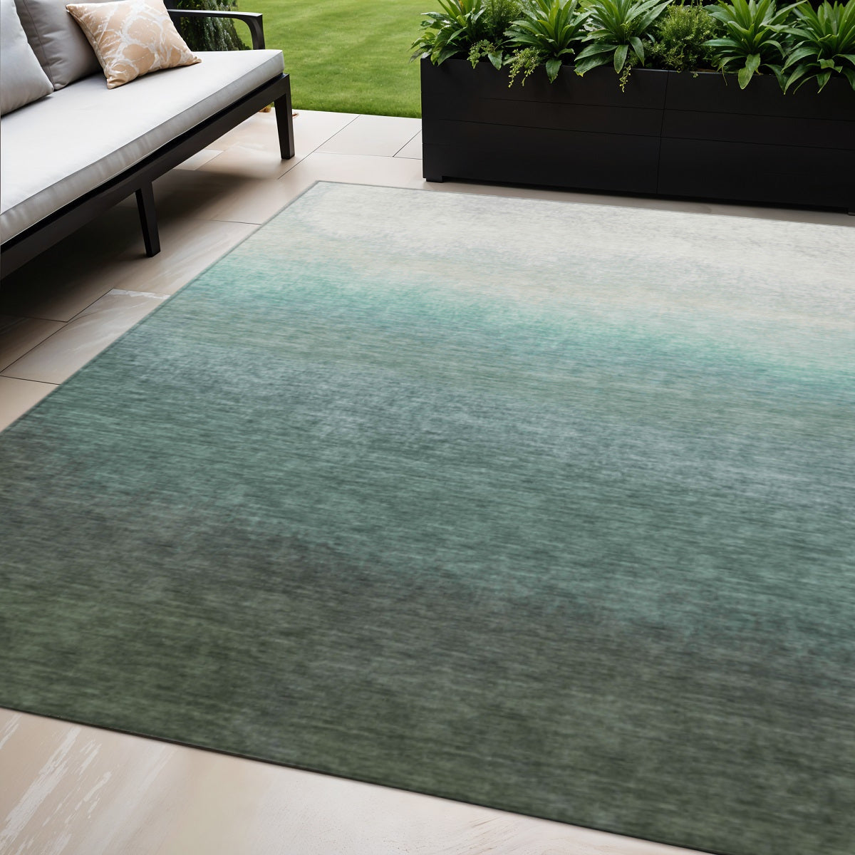 5' X 8' Pale Aqua And Gray Ombre Washable Indoor Outdoor Area Rug-1