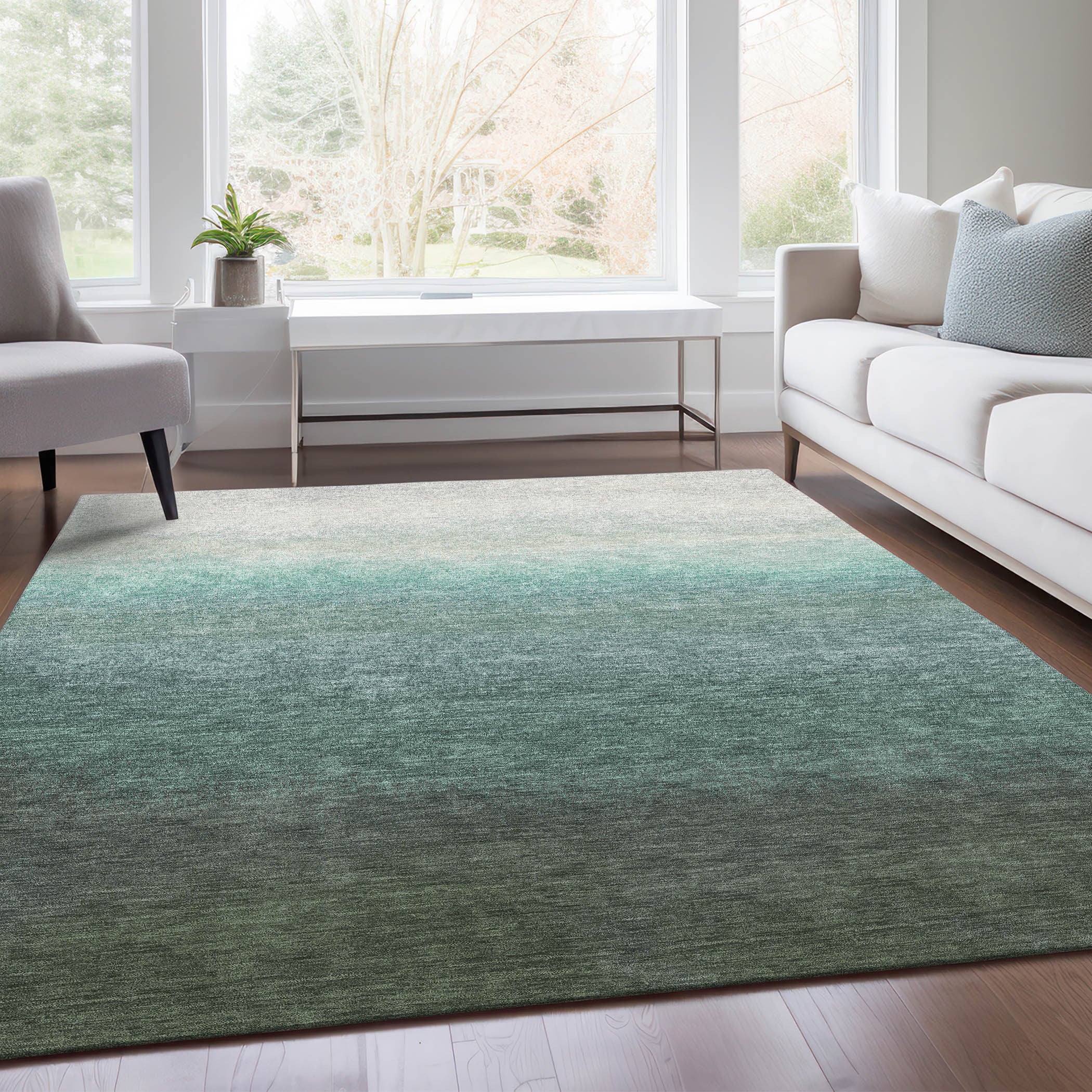 5' X 8' Pale Aqua And Gray Ombre Washable Indoor Outdoor Area Rug-6