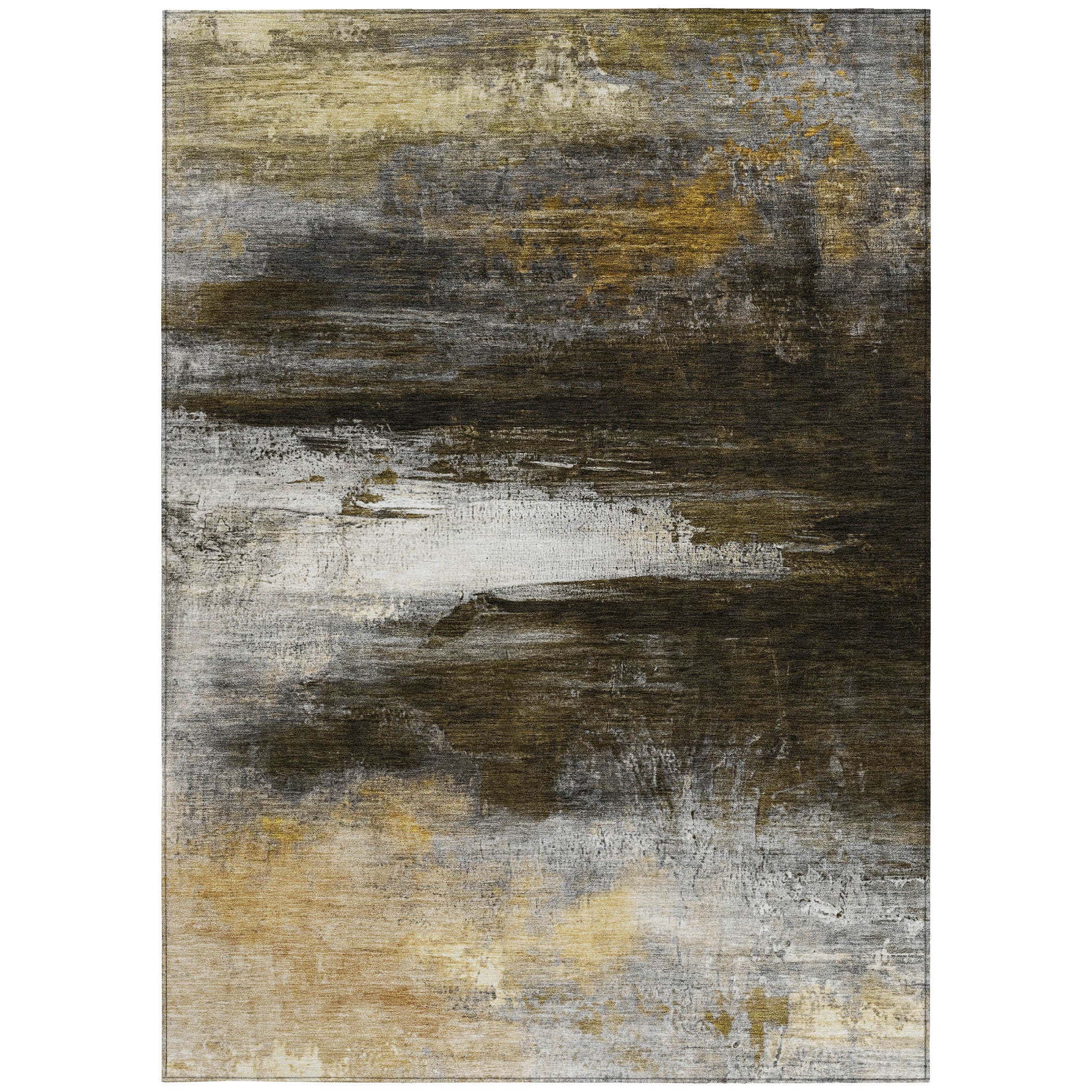 5' X 8' Chocolate Gold And Beige Abstract Washable Indoor Outdoor Area Rug-3