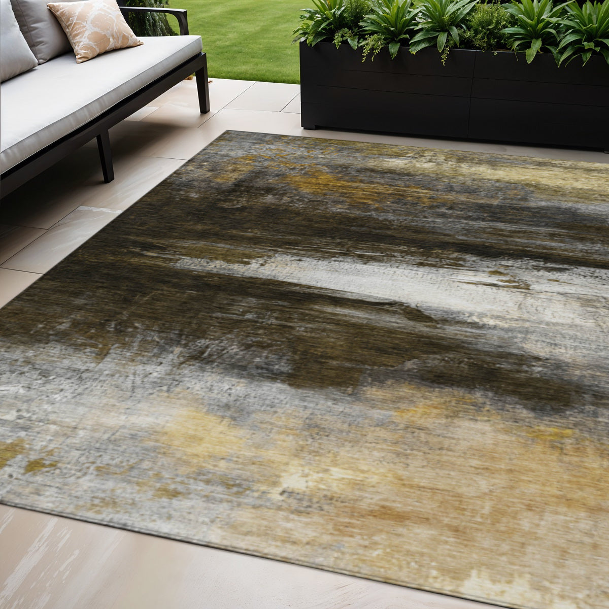 5' X 8' Chocolate Gold And Beige Abstract Washable Indoor Outdoor Area Rug-1