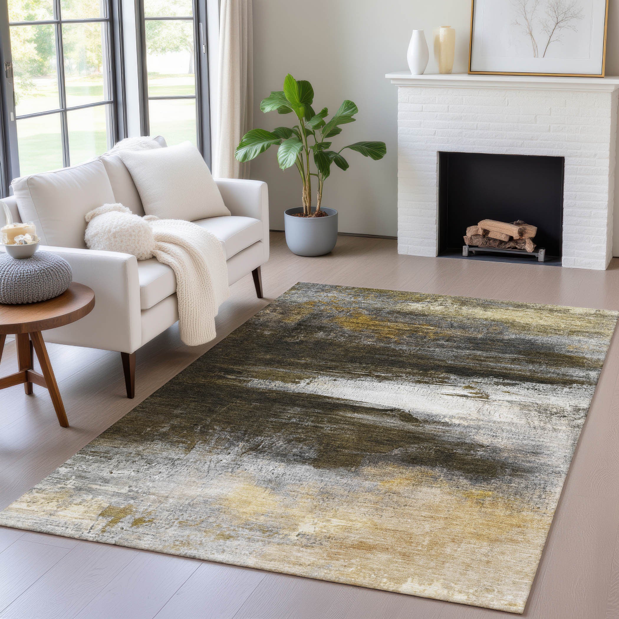 5' X 8' Chocolate Gold And Beige Abstract Washable Indoor Outdoor Area Rug-5