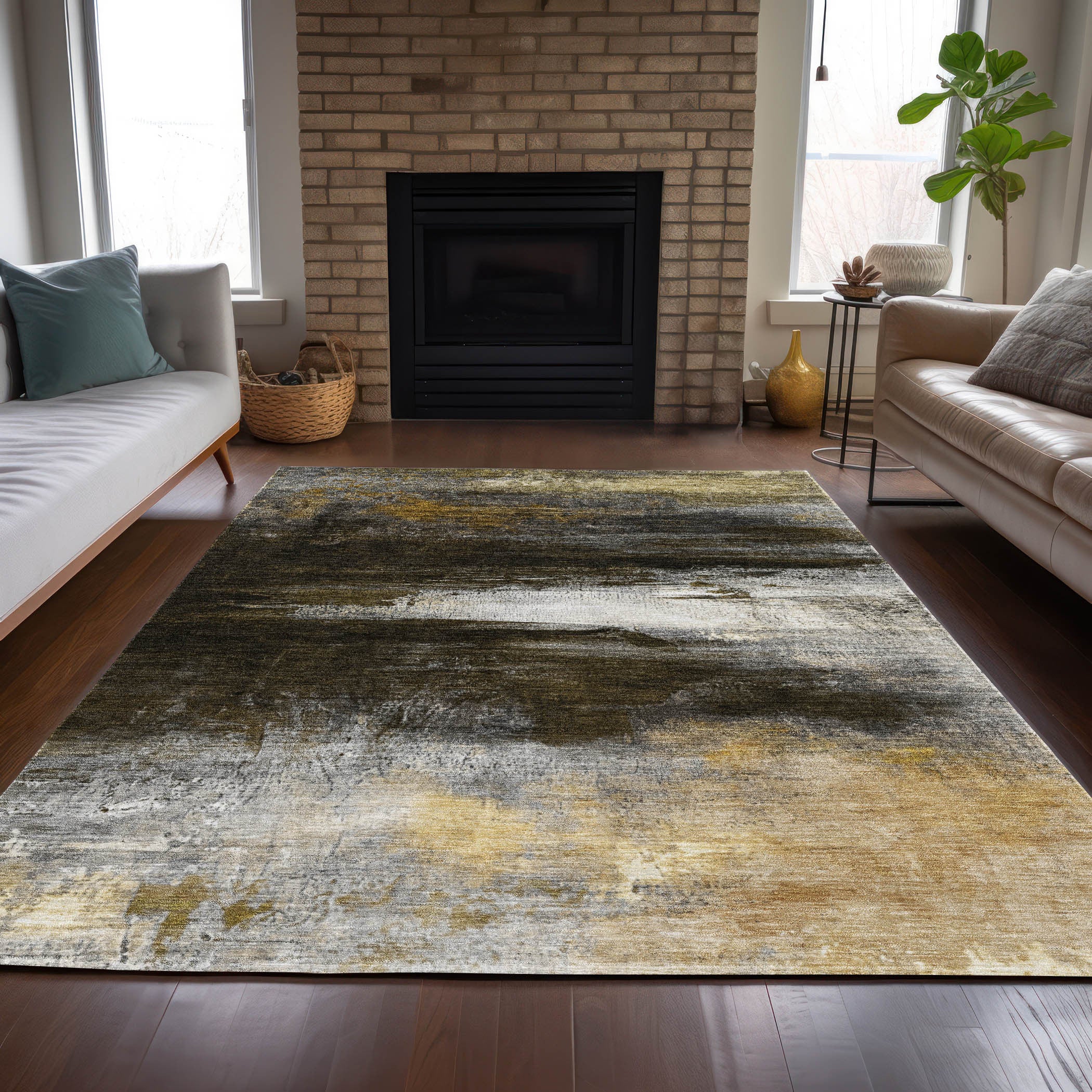 5' X 8' Chocolate Gold And Beige Abstract Washable Indoor Outdoor Area Rug-6